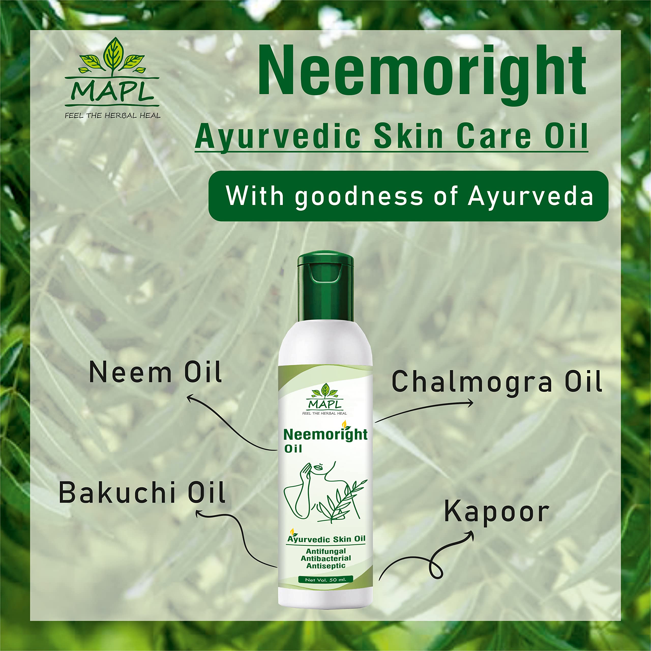 MAPL Ayurvedic Neemoright Oil for Scars & Blemishes - 100% Natural Cold Pressed Neem Oil for Skin Care, Anti-Fungal Treatment & Itch Relief (50ml) | Perfect for Acne, Eczema & Daily Skin Nourishment