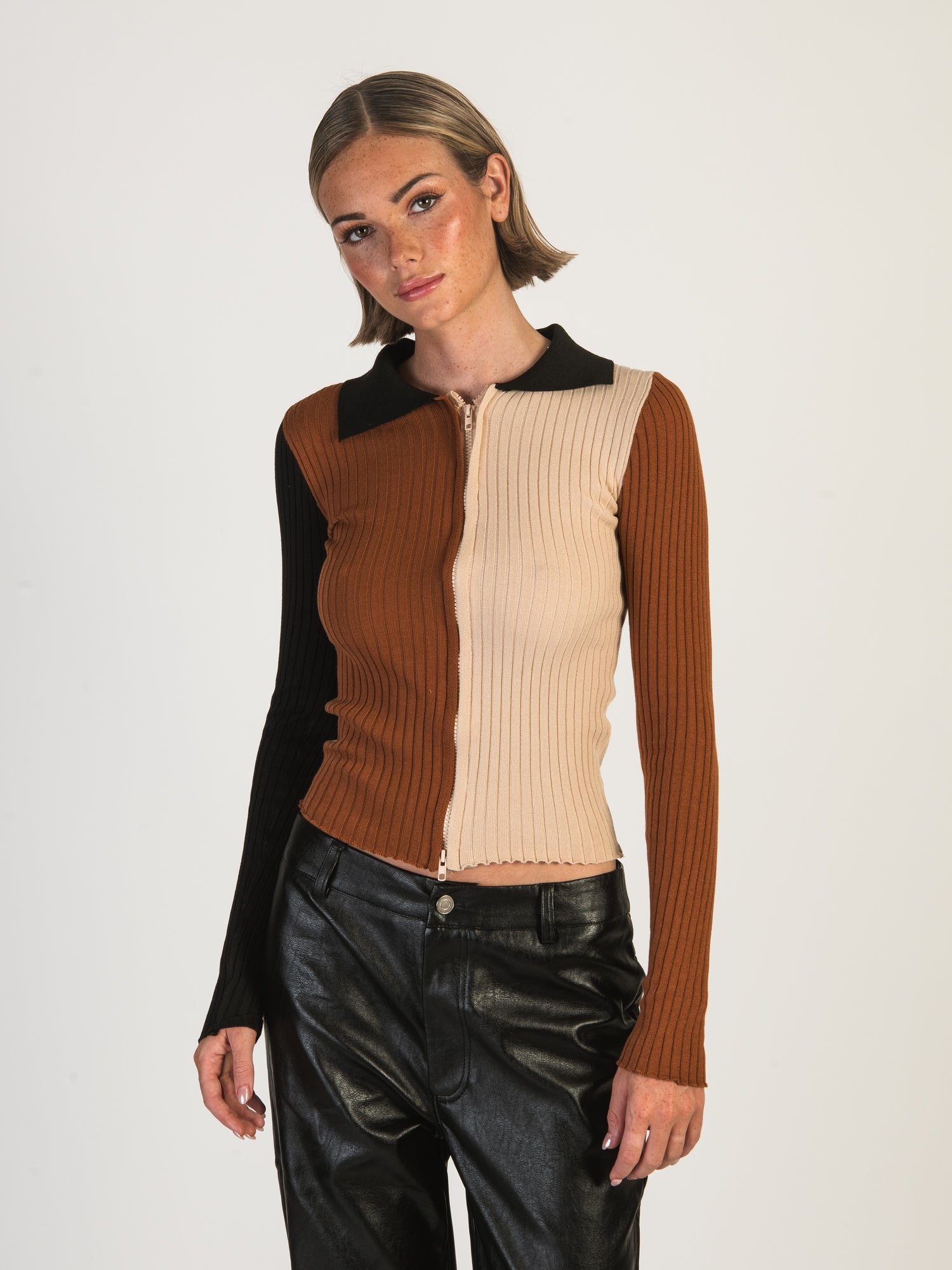 DAISY STREET LTD Color Block Zip Up Knit Sweater Top for Women | Trendy Casual Pullover for Fall & Winter | Perfect for Office, Date Night and Weekend Outings