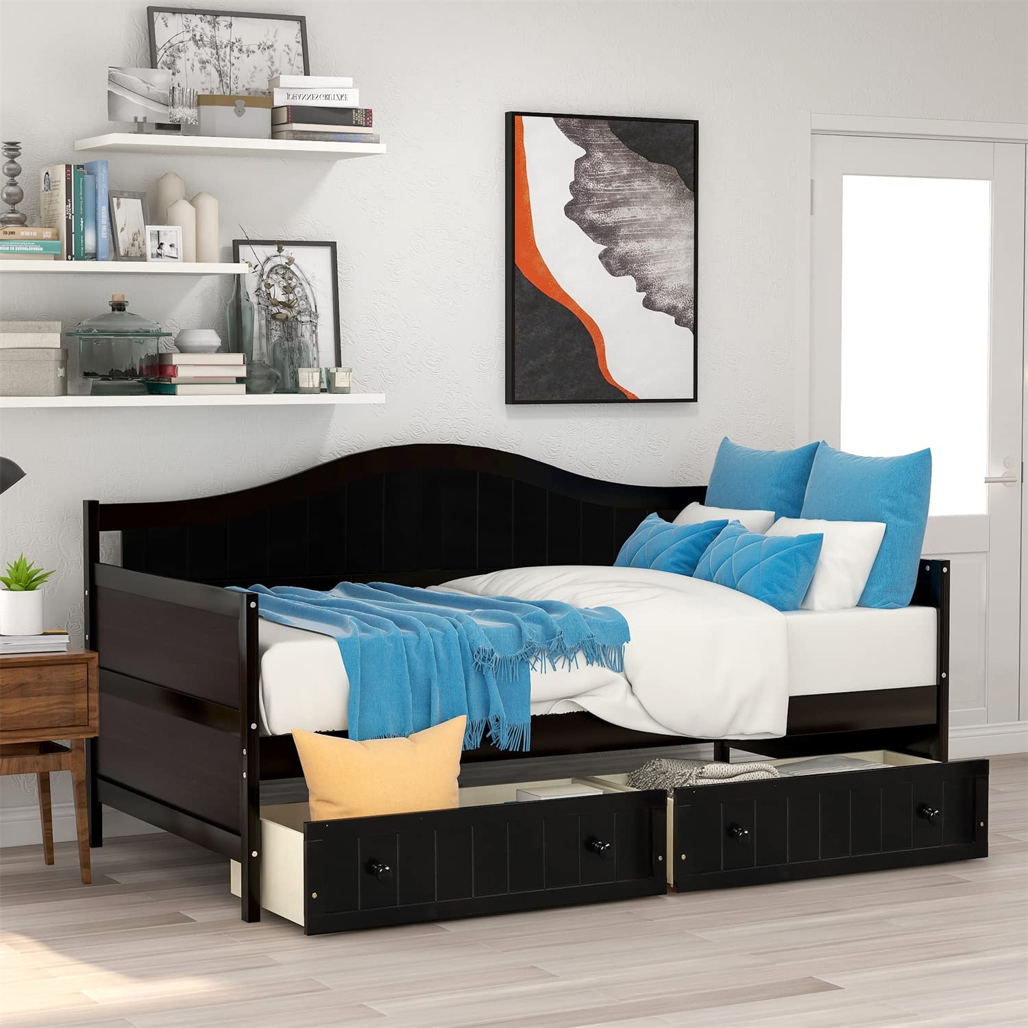 **Triple Tree Twin Size Wooden Daybed Frame with 2 Drawers - Sturdy Platform Bed with 10 Wood Slats for Kids, Teens & Adults - No Box Spring Needed - Espresso Finish - Perfect for Bedroom, Living Room & Guest Room**