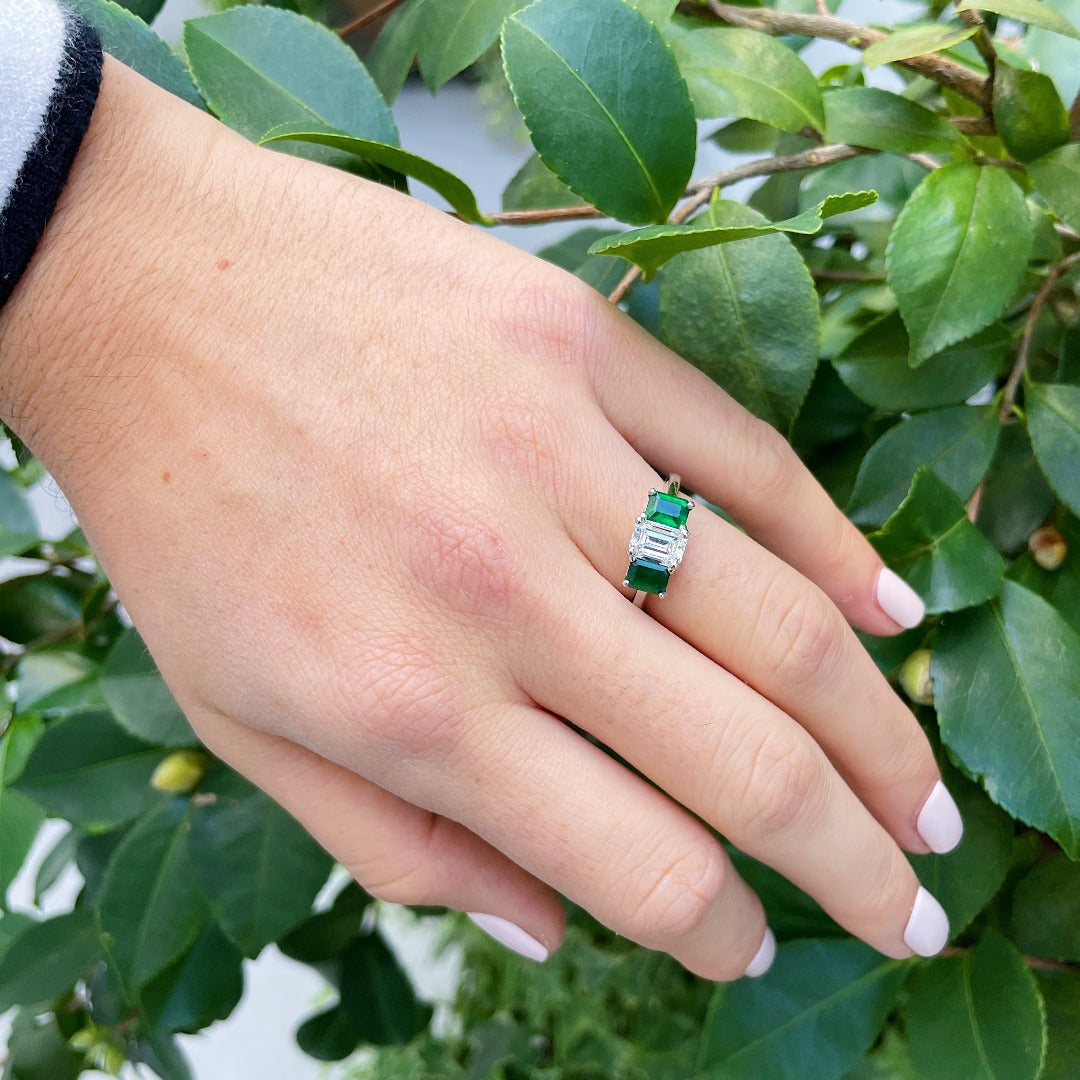 1.13ctw Emerald Cut Diamond & Emerald Three Stone Platinum Ring for Engagement, Wedding, Anniversary - Elegant Jewelry Gift for Her
