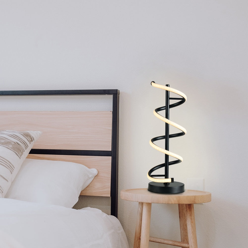 Angelina Modern Curved Spiral LED Table Lamp - Adjustable Bedside Night Light in Black for Bedroom, Living Room & Office Decor