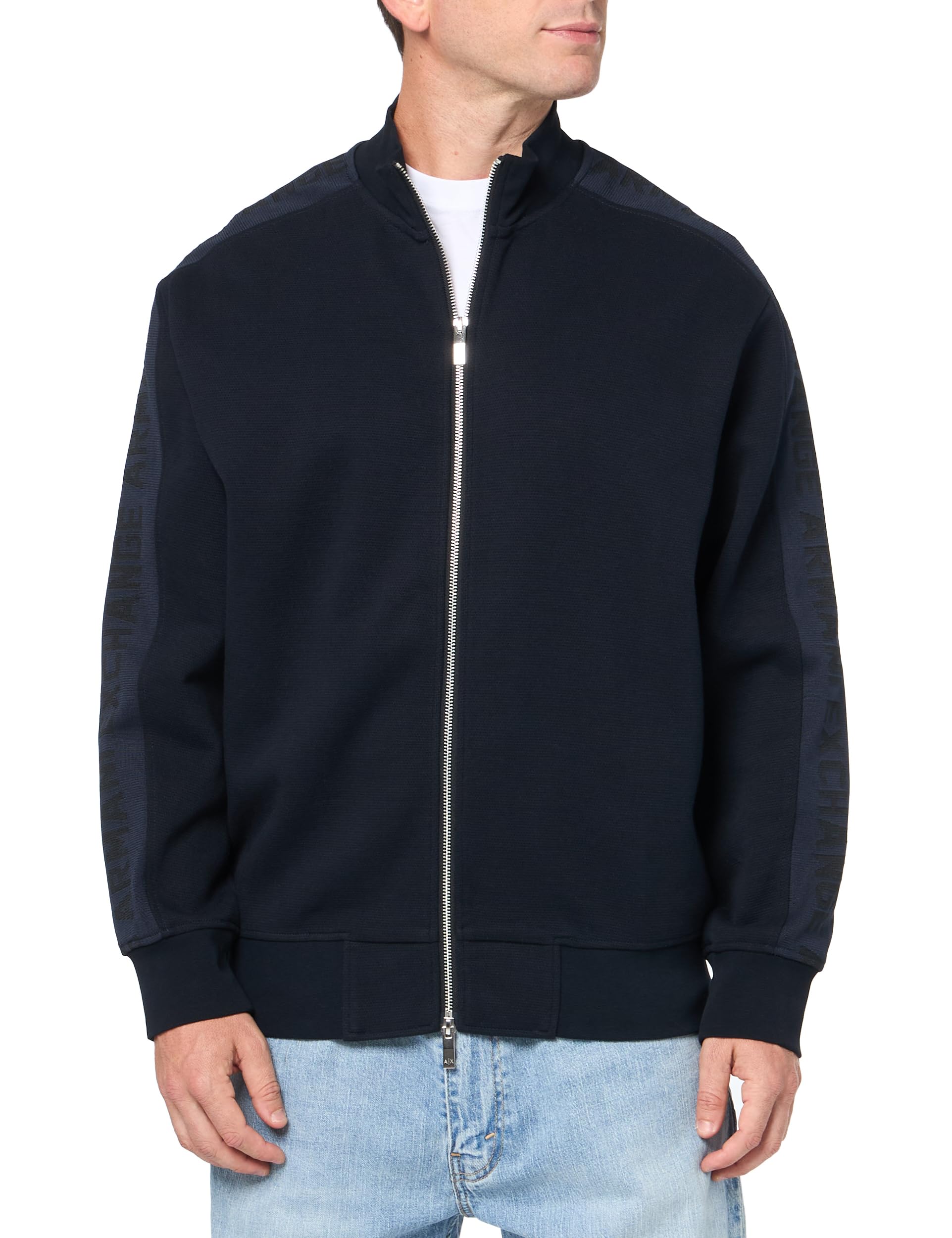 ARMANI EXCHANGE Men's Logo Tape Full Zip Bomber Jacket - Cotton Polyester Blend Sweatshirt for Casual Wear & Street Style Fashion