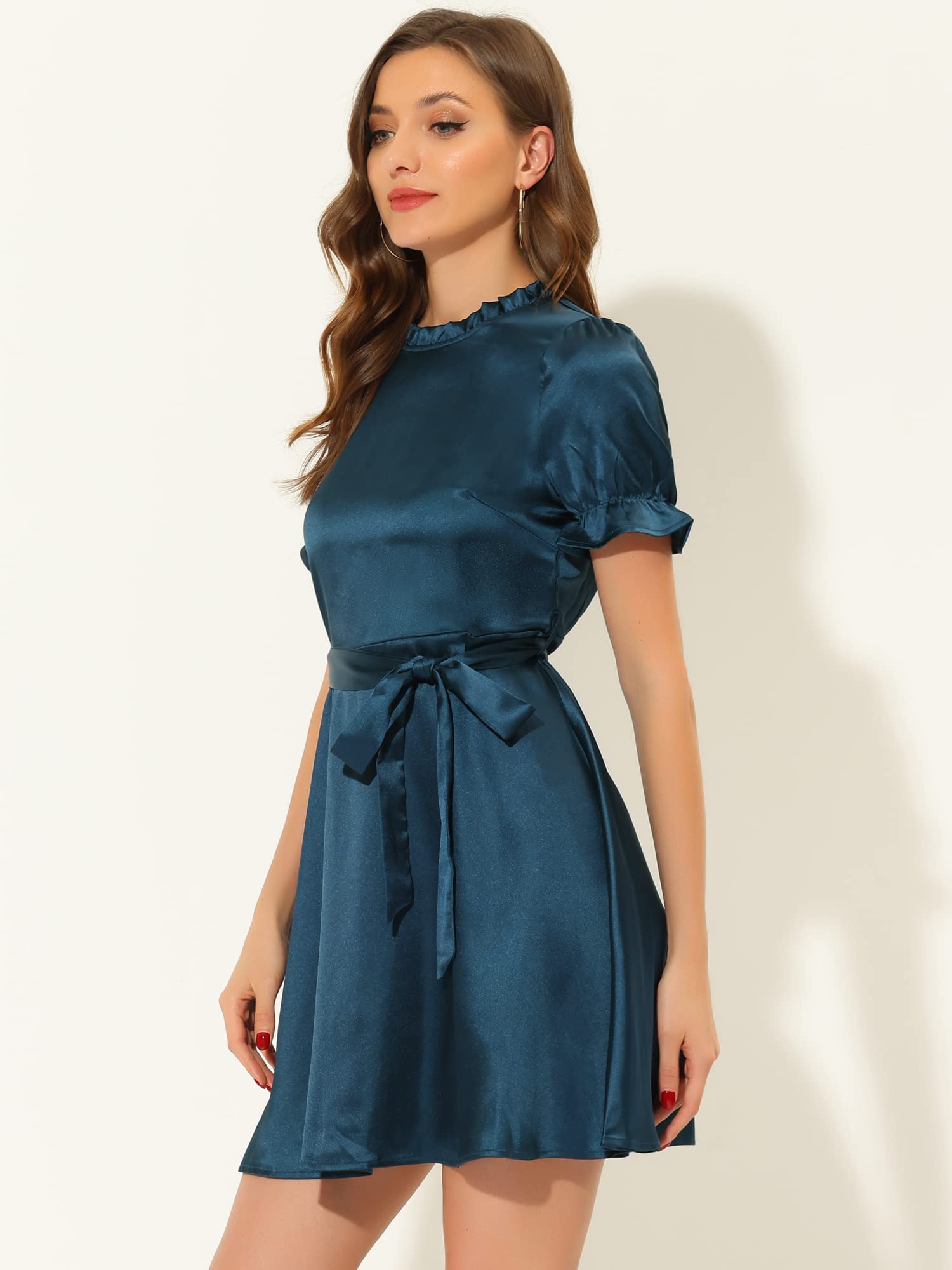 Allegra K Women's Elegant Satin Dress - Short Sleeve Tie Waist Business Casual Dress for Work & Cocktail Parties | Perfect for Office, Dinner Dates & Special Occasions