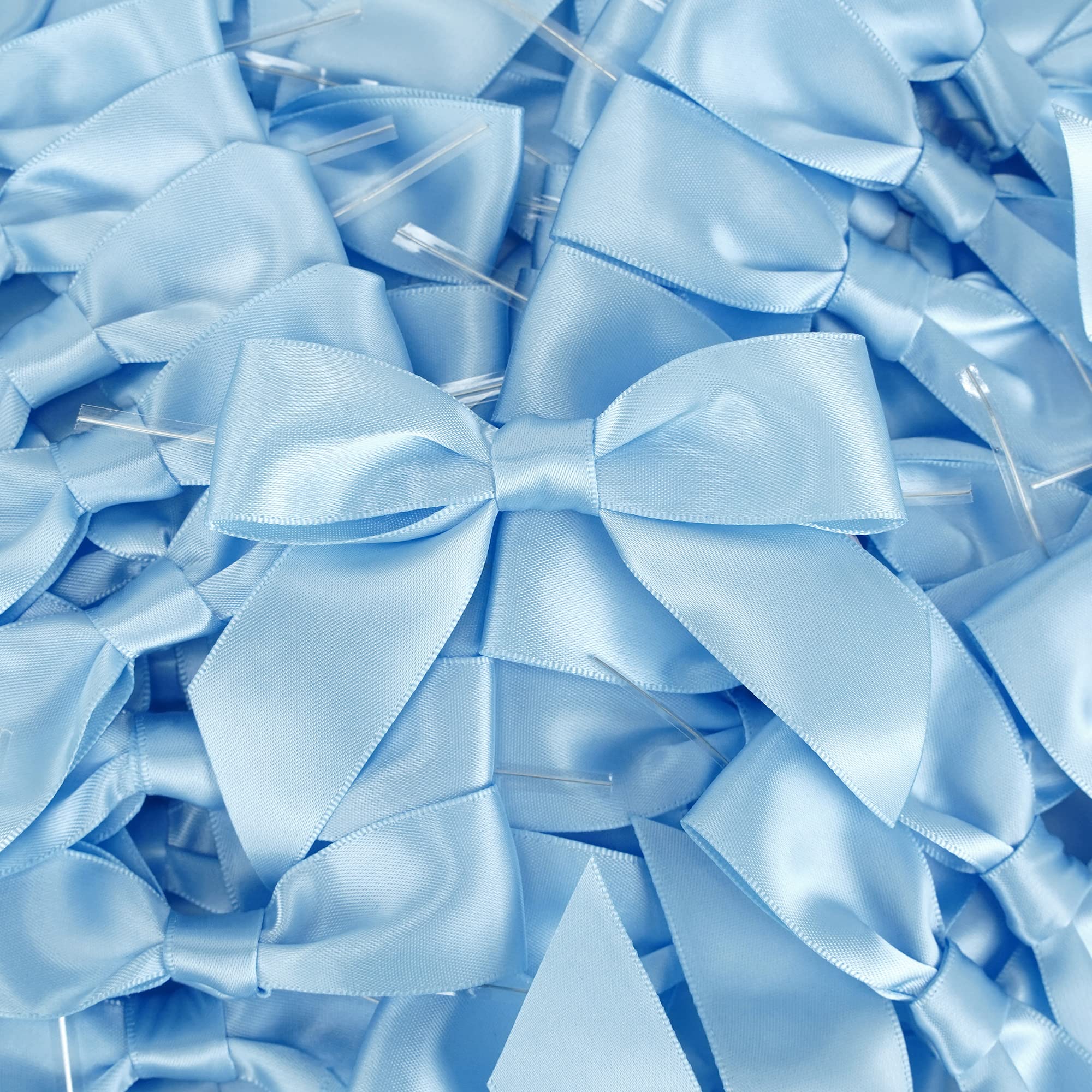 AIMUDI 3.5 Inch Light Blue Satin Ribbon Bows - 50 Pre-Tied Baby Shower Bows for Gift Wrapping, Wedding Favors, Gender Reveal, Birthday Decorations & Craft Projects - Perfect for Treat Bags, Cake Pops and Party Decor