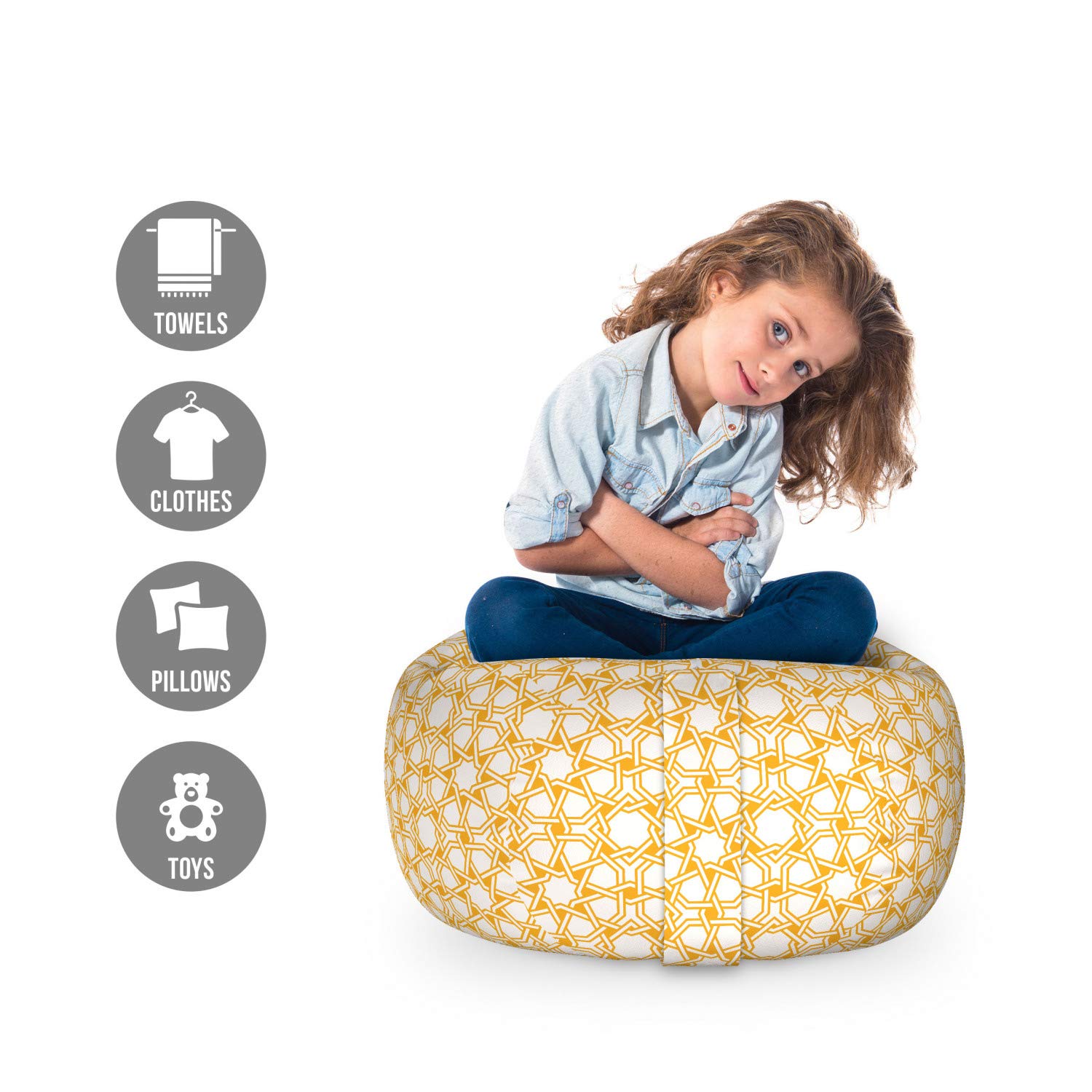 Ambesonne Geometric Storage Toy Bag Chair - Moroccan Pattern Stuffed Animal Organizer with Washable Cover, Small Size in Earth Yellow - Perfect for Kids' Room, Playroom & Nursery Organization