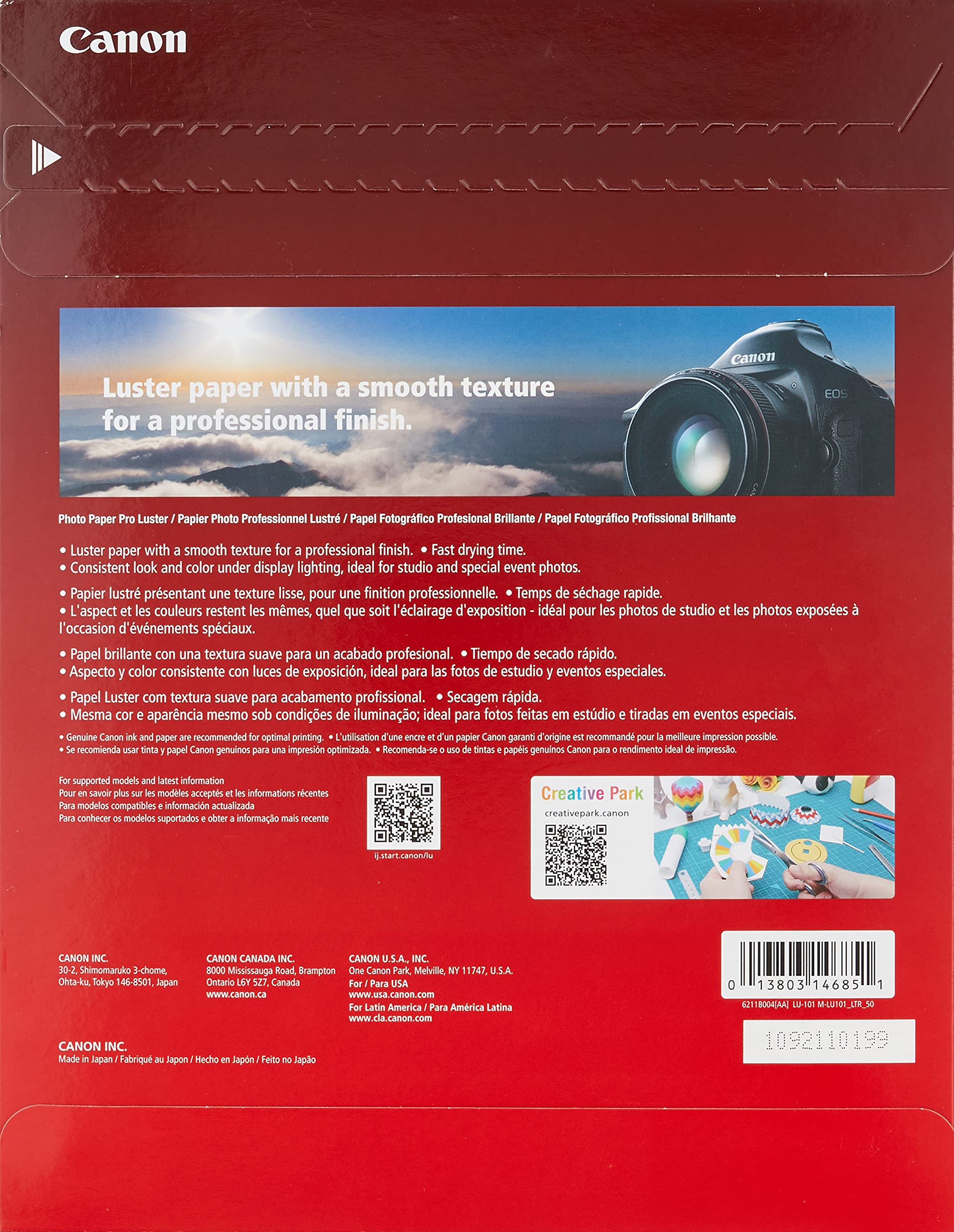 Canon LU-101 LTR(50) Luster Photo Paper Letter Size - 50 Sheets for High-Quality Photo Printing - Ideal for Home, Office & Professional Photography Projects