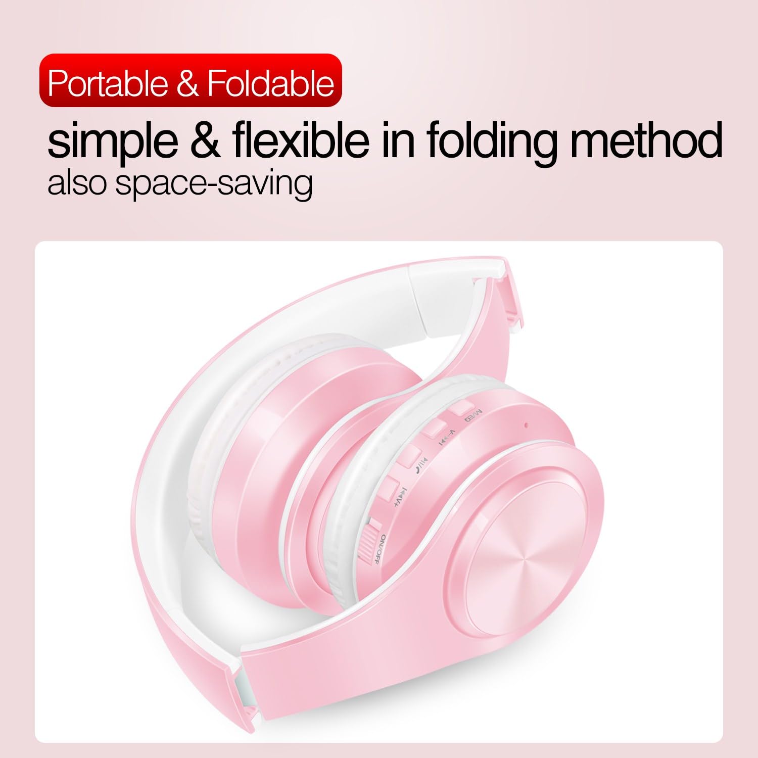 RAT TAIL V5.0 Bluetooth Headphones Wireless Over-Ear Foldable Headset with Micro SD/TF, FM, Soft Earmuffs - Lightweight for Long Wear, Compatible with Phone & PC (Pink) - Perfect for Travel, Workouts & Gaming
