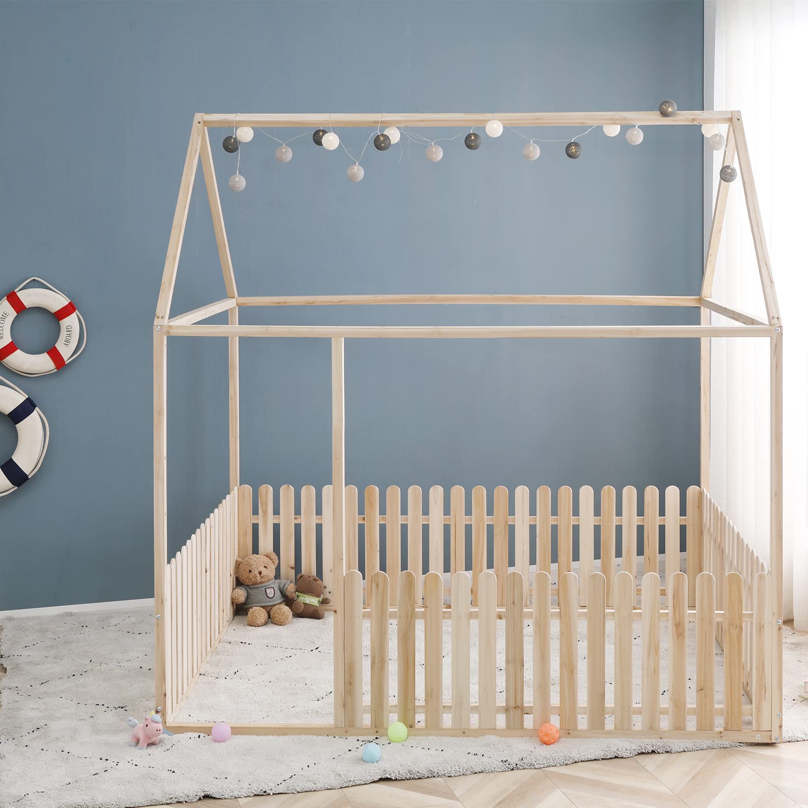 **OOTDxvv Full Size Wooden House Bed for Kids - Double Floor Bed Frame with Roof & Fence, Safe & Sturdy Loft Bed for Boys, Girls, Teens - Perfect for Bedroom, Playroom & Sleepovers (Wood Color)**