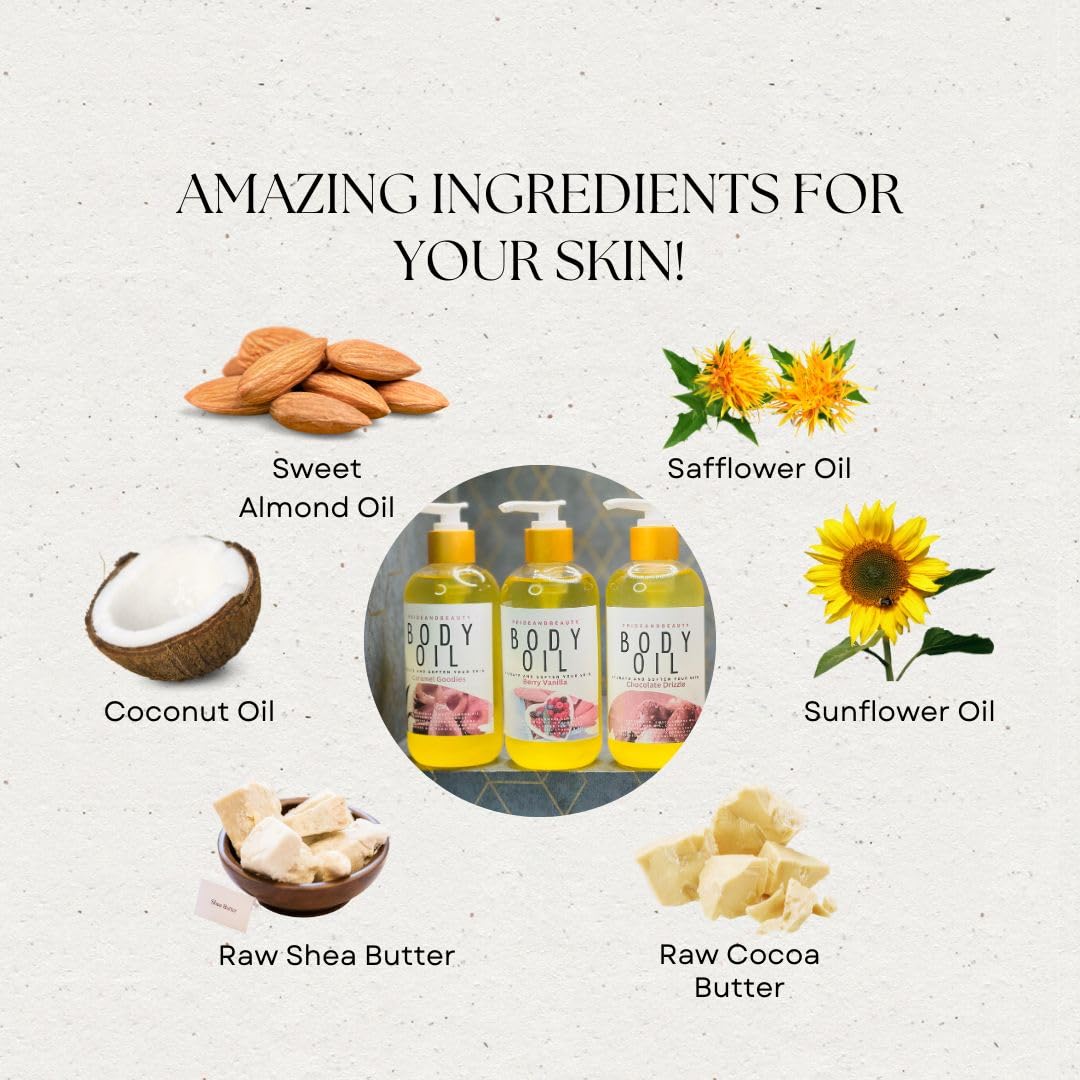 Vanilla Body Oil for Dry Skin - Hydrating & Moisturizing After Shower Scented Oil for Women - Vanilla Buttercream Fragrance - 8oz Amber Vanilla Blossom - Perfect for Daily Skincare & Relaxation