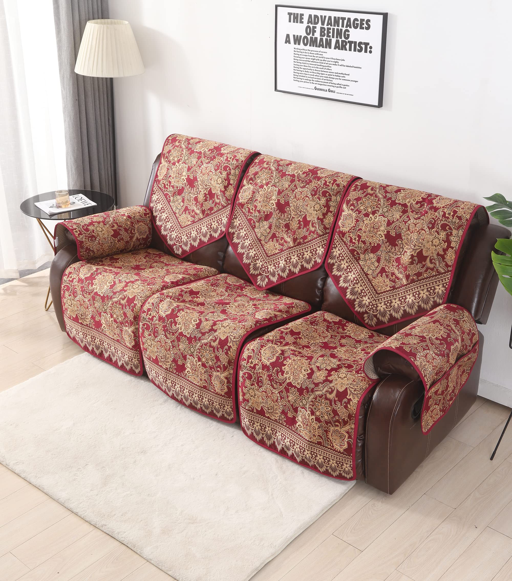 Waterproof Recliner Sofa Covers Non-Slip 3-Seater Jacquard Furniture Protector - Washable Split Design for Living Room, Home Theater & Family Room (Red)