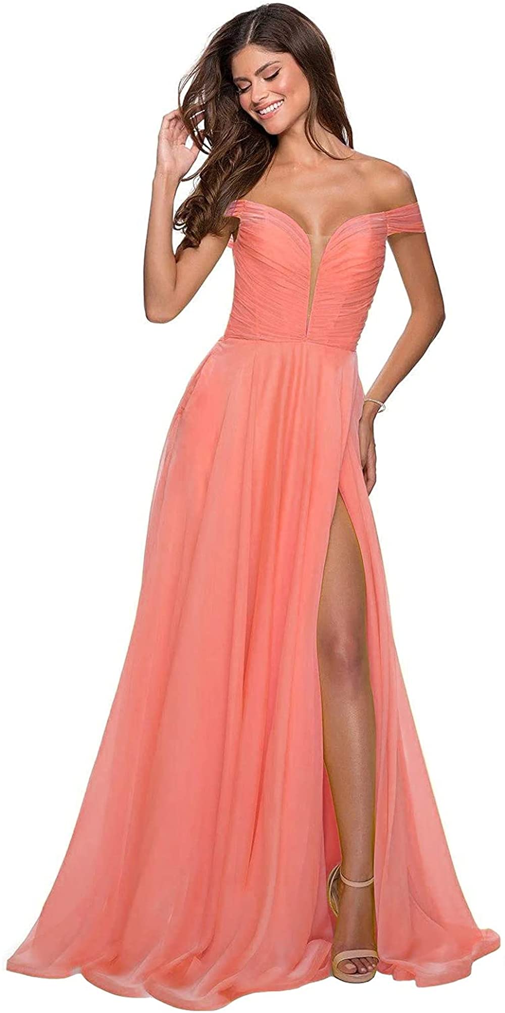 Elegant Off Shoulder Chiffon Bridesmaid Dresses 2024 - High Slit Pleated A-line Long Prom Wedding Gowns for Women Formal Occasions | Perfect for Bridal Parties, Evening Galas & Special Events