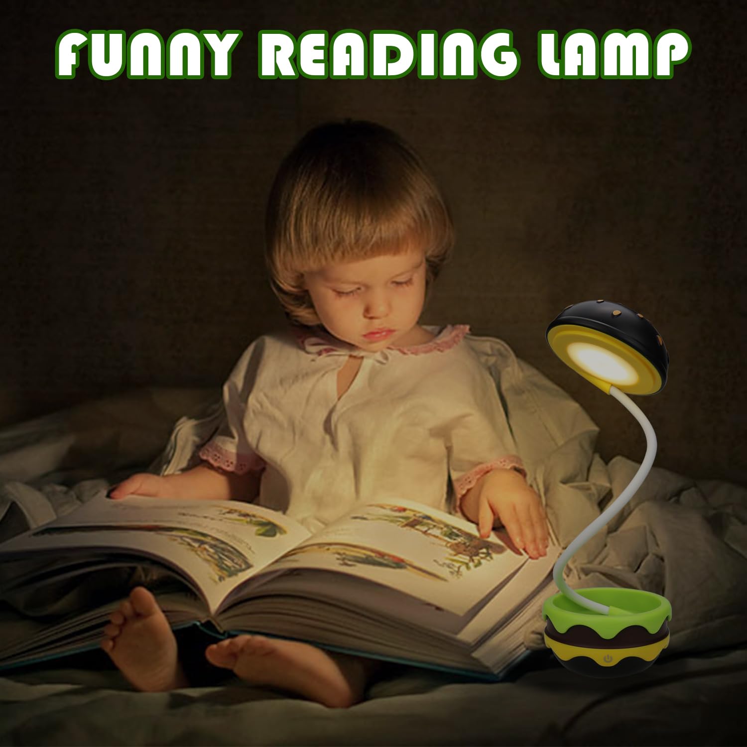 Rechargeable Hamburger Desk Lamp for Kids - Adjustable Neck, Dimmable Touch Switch, Cute Night Light for Nursery, Kawaii Room Decor & Gift for Boys & Girls | Perfect for Bedroom, Study Desk & Kids' Room Decor