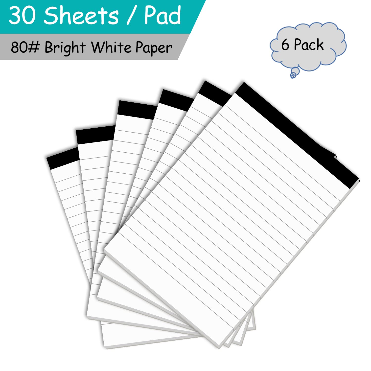 Premium 4x6-Inch Ruled Notepads for Work & Daily Planning - 30 Sheets of Thick Bright White Paper - Pack of 6 - Perfect for Office Tasks, To-Do Lists & Journaling