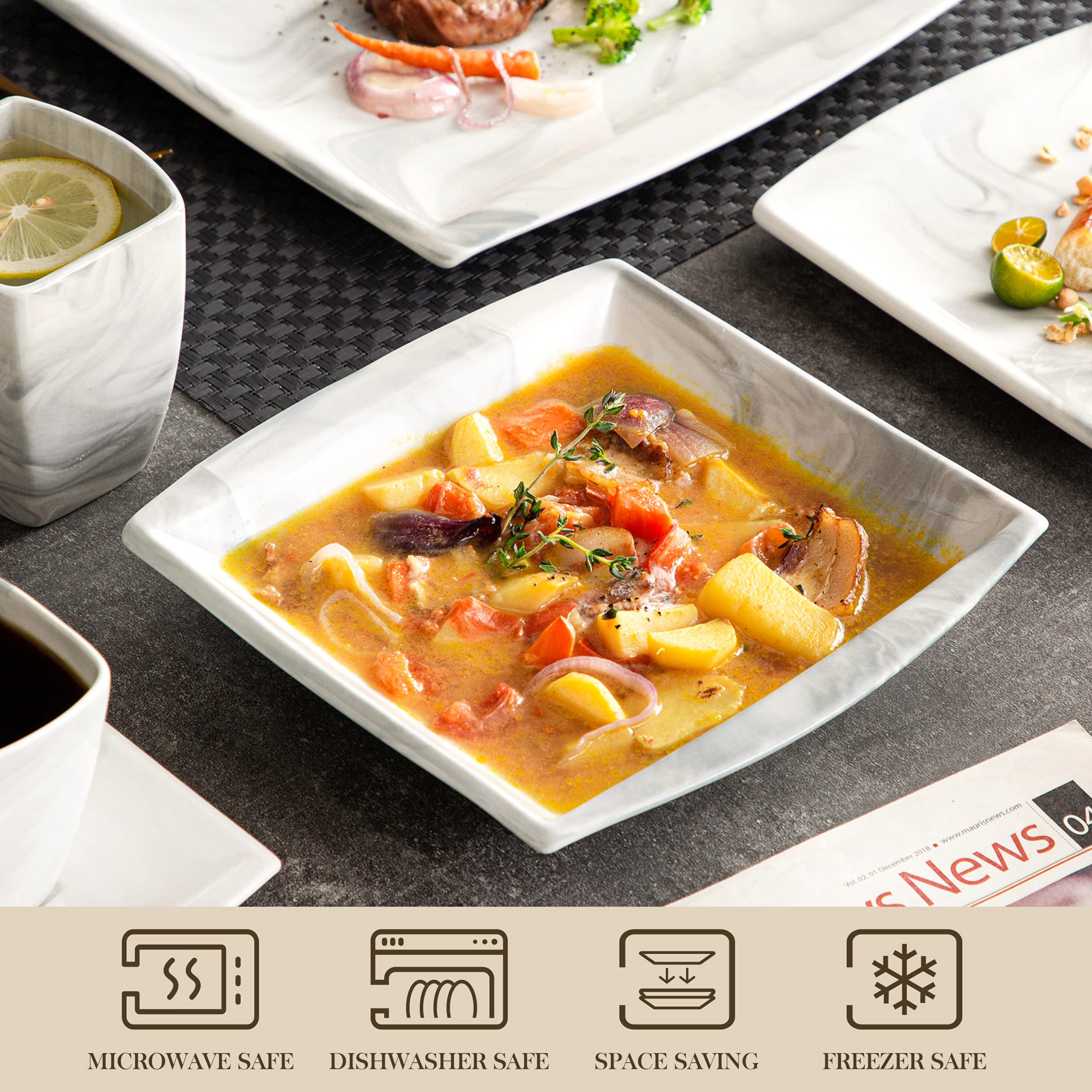 MALACASA 30-Piece Square Porcelain Dinnerware Set for 6 - Marble Grey Plates & Bowls with Dinner Plates, Dessert Plates, Soup Bowls, Cups & Saucers | Dishwasher & Microwave Safe, Blance Series | Perfect for Family Dinners, Dinner Parties & Restaurant Use