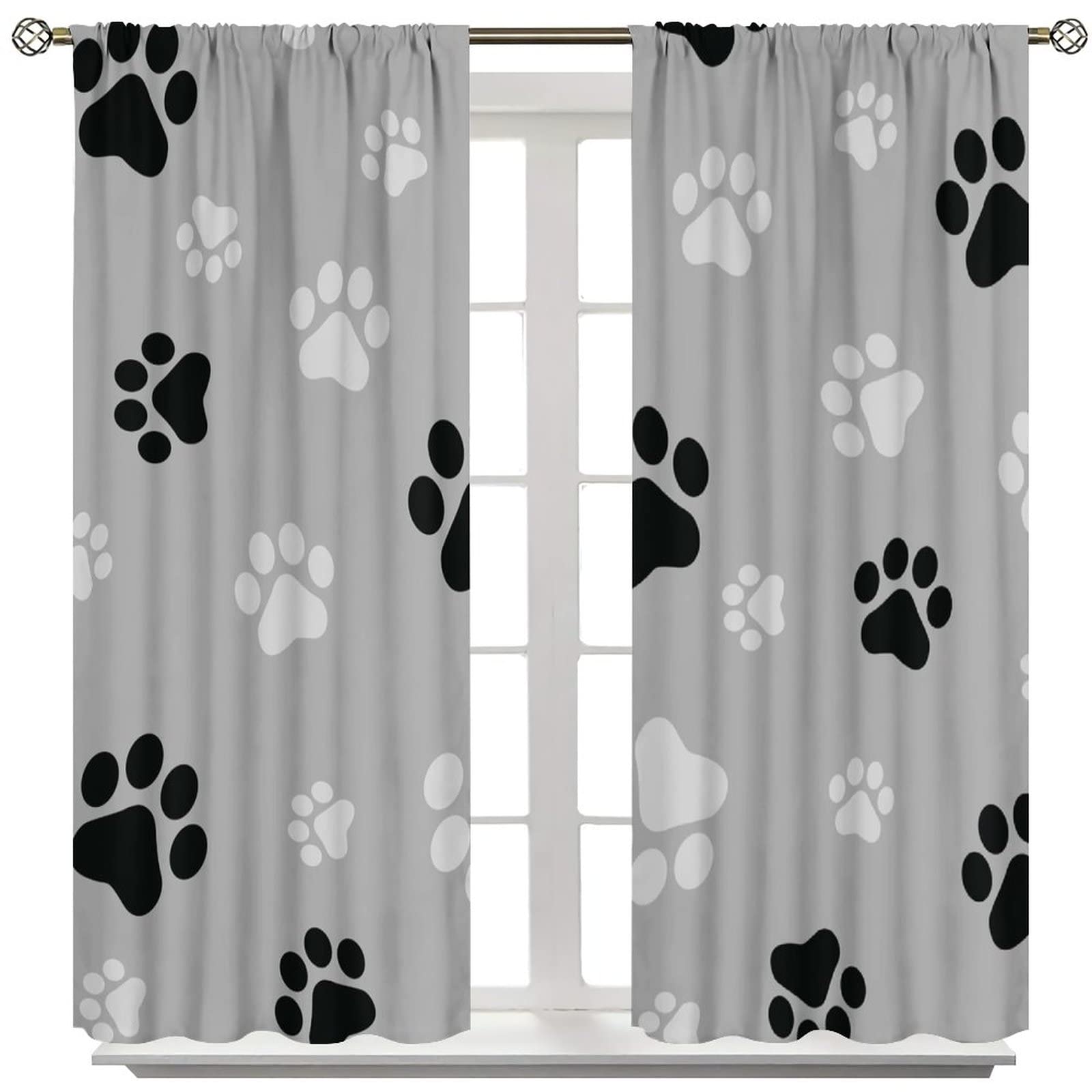 Abstract Black Grey Dog Paw Print Blackout Curtains - 63x72 Inch Soundproof Thermal Insulated Window Treatments for Bedroom, Living Room & Kitchen | Modern Home Decor & Darkening Window Coverings for Pet Lovers