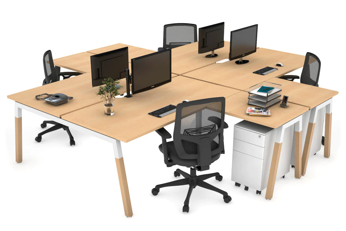 Quadro Wood A Legs Cross Beam 4-Person Corner Workstation Desk - 1600L x 1800W with Cable Management Scallop - Perfect for Office, Home Workspace & Collaborative Environments