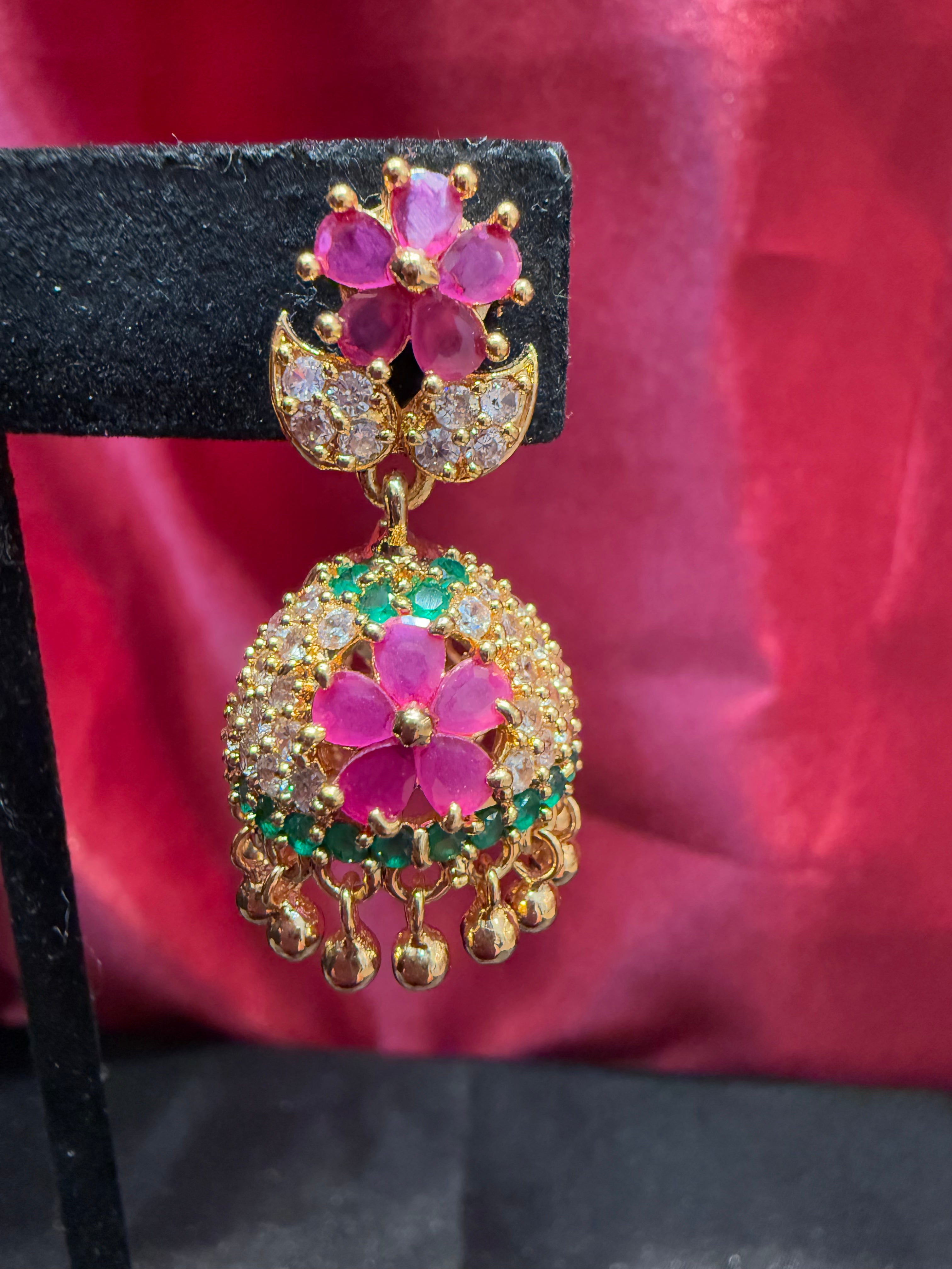 Exquisite Gold Plated Jhumka Earrings with Pink & Green Gemstones Floral Design for Women | Indian Ethnic Jewelry for Weddings, Parties & Festive Occasions