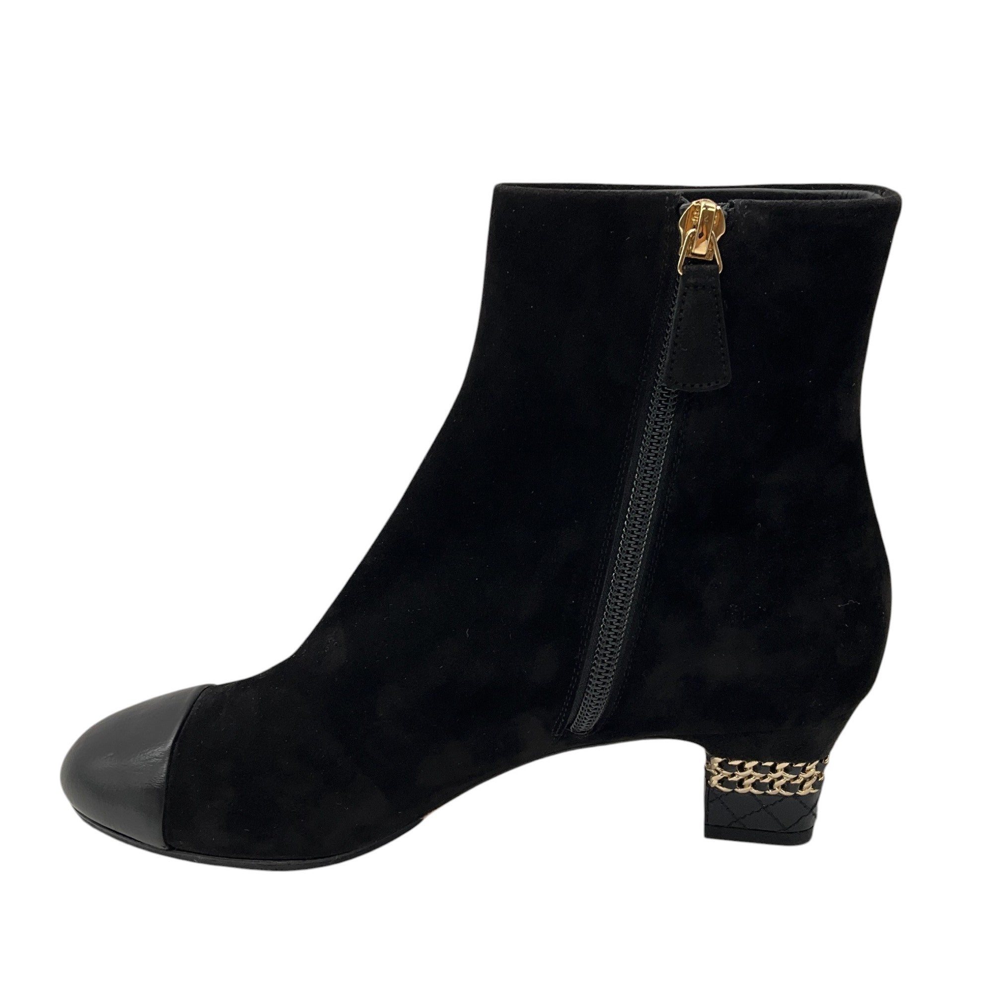 Chanel Black & Gold CC Logo Chain Heel Cap Toe Suede Boots for Women - Luxury Fashion Ankle Boots for Party, Night Out & Special Occasions