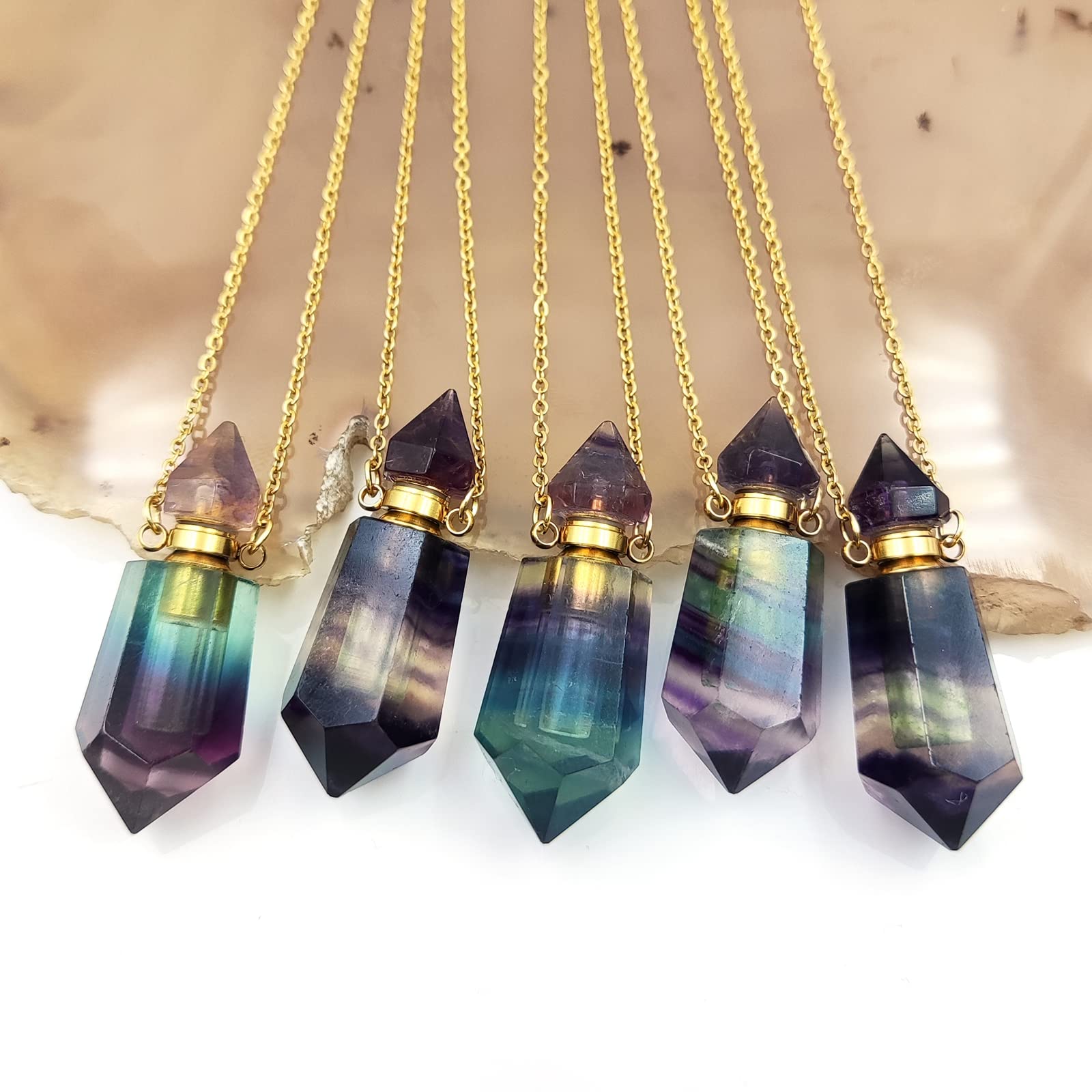 Ubrand Rainbow Fluorite Gemstone Perfume Bottle Pendant - Hexagonal Prism Essential Oil Diffuser Necklace with Pointed Crystal Vial (Gold) | Aromatherapy Jewelry for Meditation, Yoga & Spiritual Healing