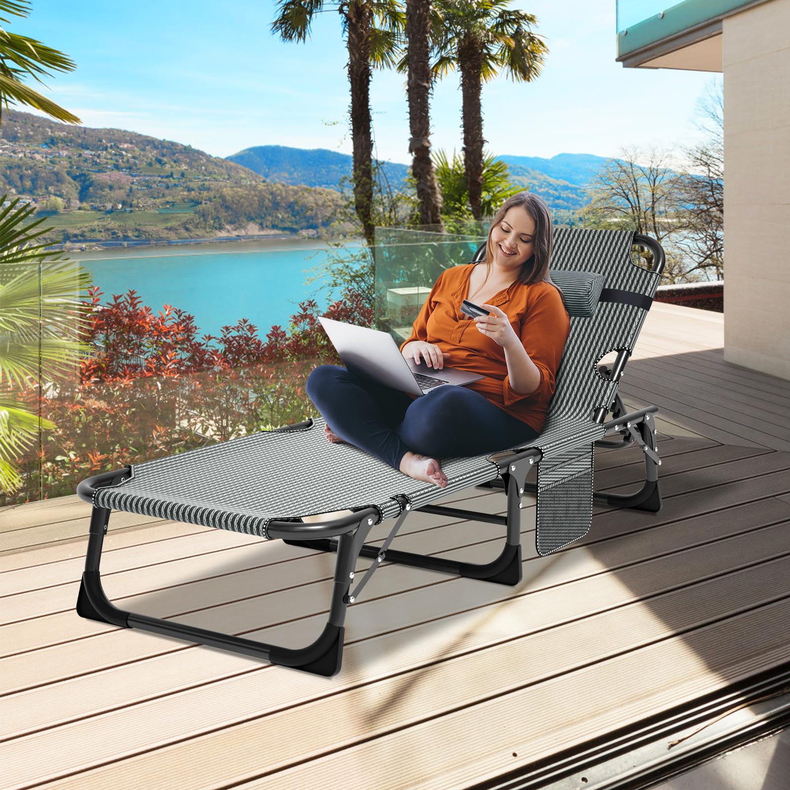 5-Position Reclining Folding Chaise Lounge Chair for Outdoor - Portable Patio Sunbathing Chair for Pool, Beach, Camping & Lawn - Perfect for Adults Tanning, Relaxing & Sleeping
