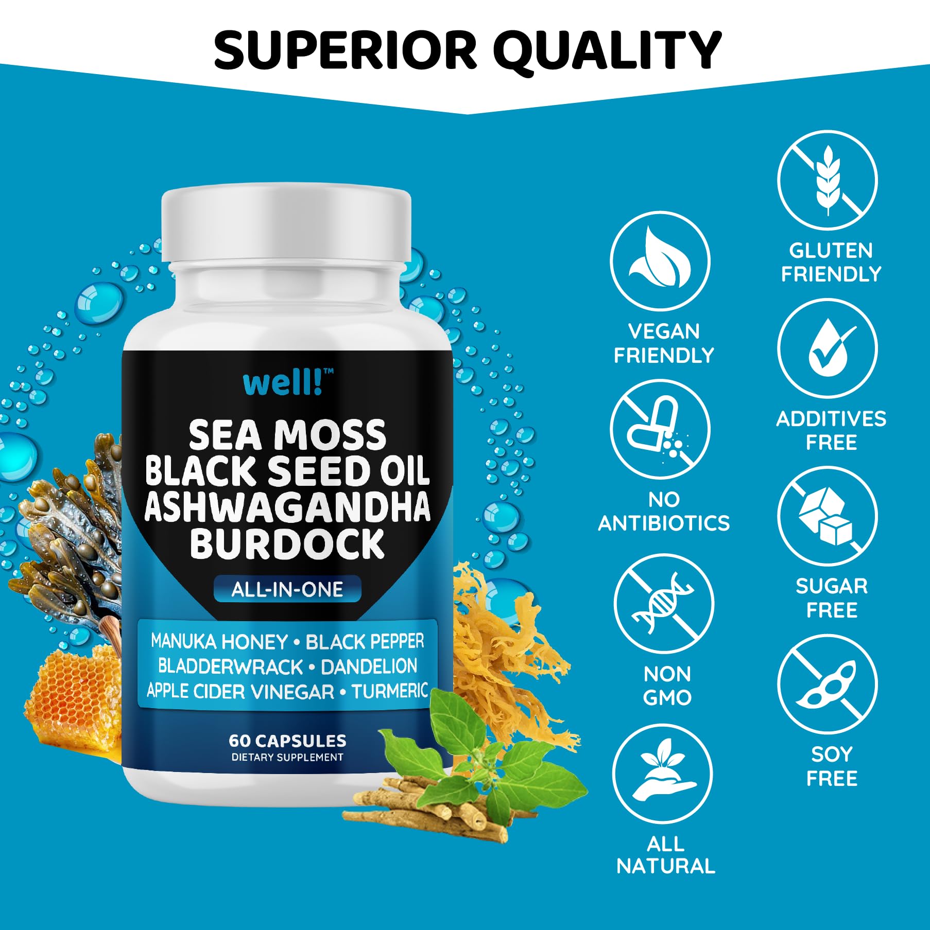 Sea Moss 3000mg, Black Seed Oil 2000mg, Ashwagandha 1000mg with Bladderwrack & Maca Root - Turmeric, Manuka Honey, Dandelion & Black Pepper Superfood Supplement for Immune Support, Energy Boost & Stress Relief - Perfect for Daily Wellness & Detox