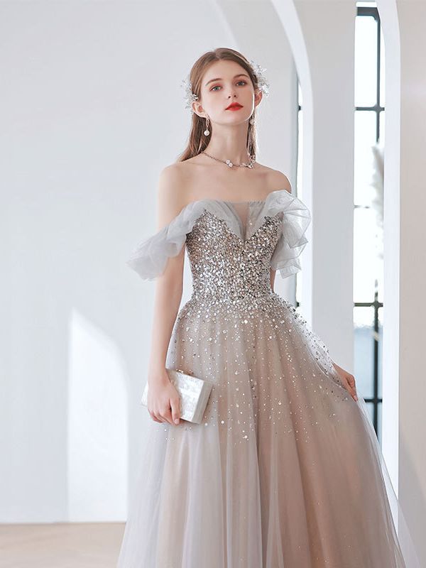 Elegant Off Shoulder Gray Sequins Long Prom Dress - A-Line Tulle Formal Evening Gown for Women | Perfect for Homecoming, Ball, Wedding & Special Occasions