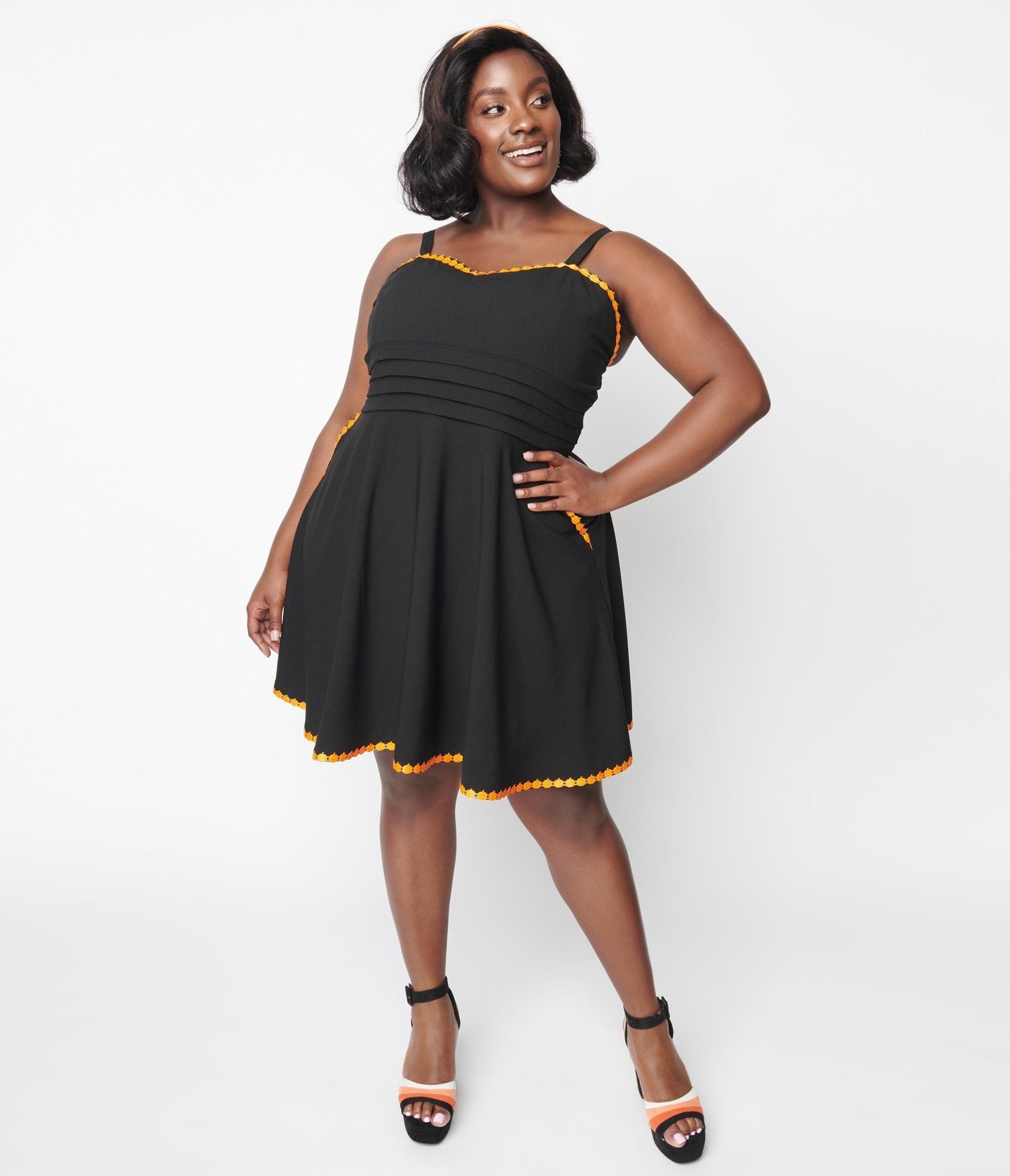 Vintage Black & Pumpkin Trim Fit & Flare Dress - Follow Your Heart Style - Perfect for Fall Parties, Halloween & Retro-Themed Events