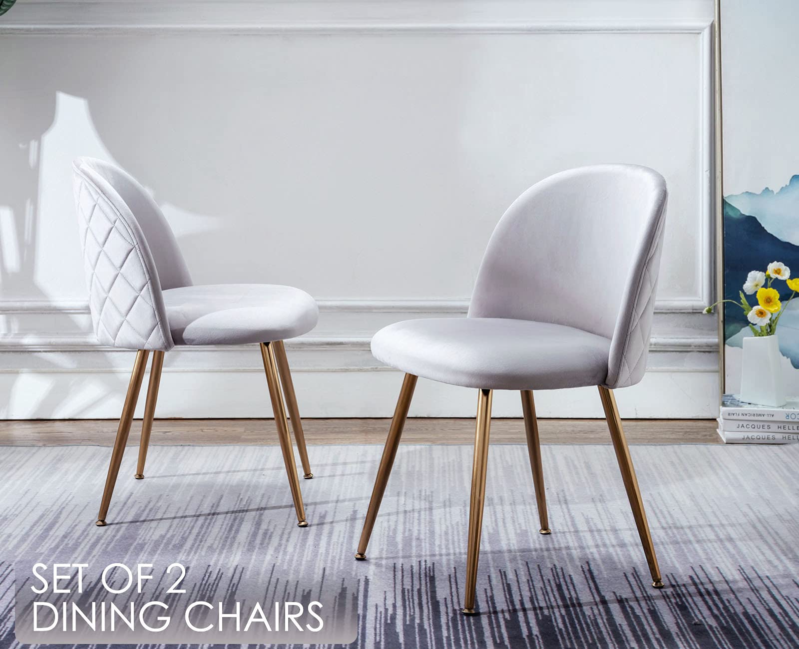 Wahson Set of 2 Velvet Dining Room Chairs - Grey Velvet Upholstered Hostess Chairs with Golden Chrome Legs for Kitchen, Dining Room & Home Decor