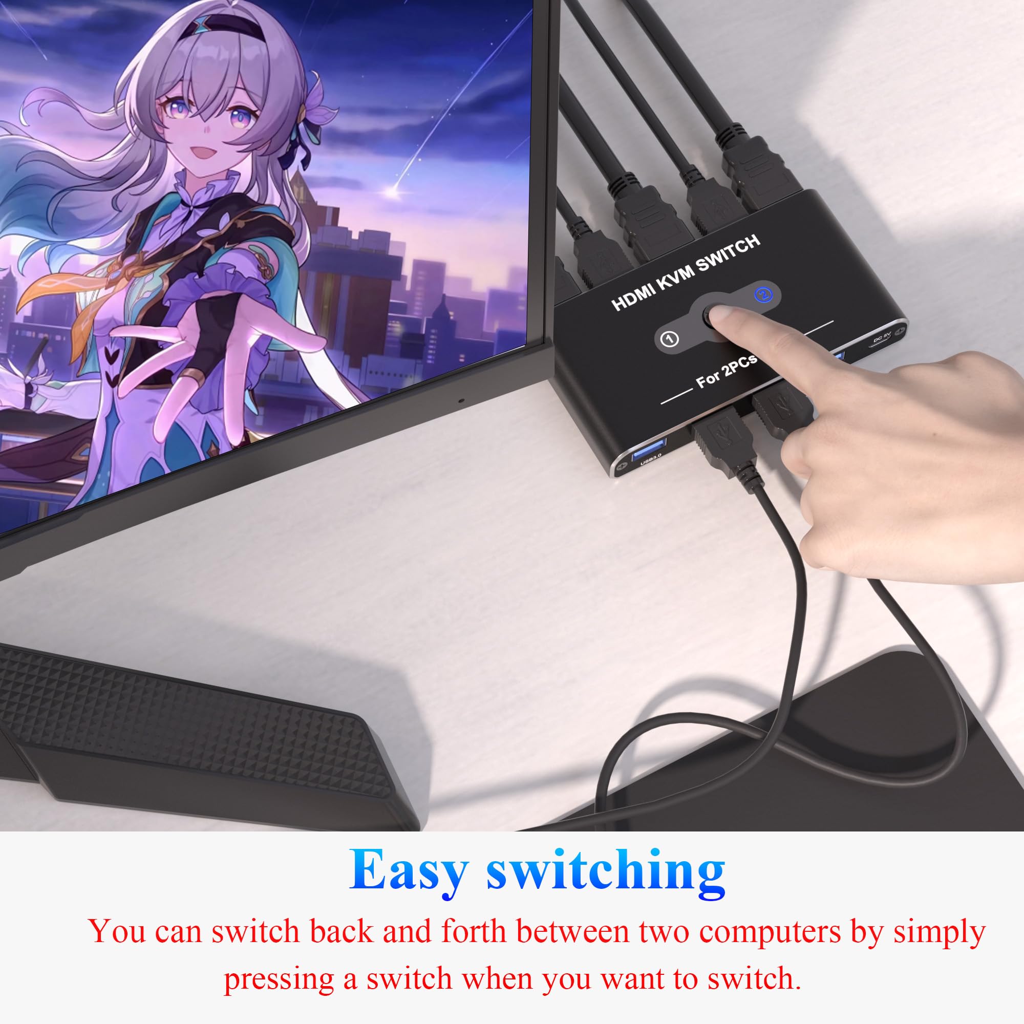 4K@60Hz HDMI KVM Switch for 2 Computers 1 Monitor - 4-Port USB 3.0 Hub for Keyboard, Mouse, Printer & Scanner - Perfect for Home Office & Multi-Device Workspace Setup