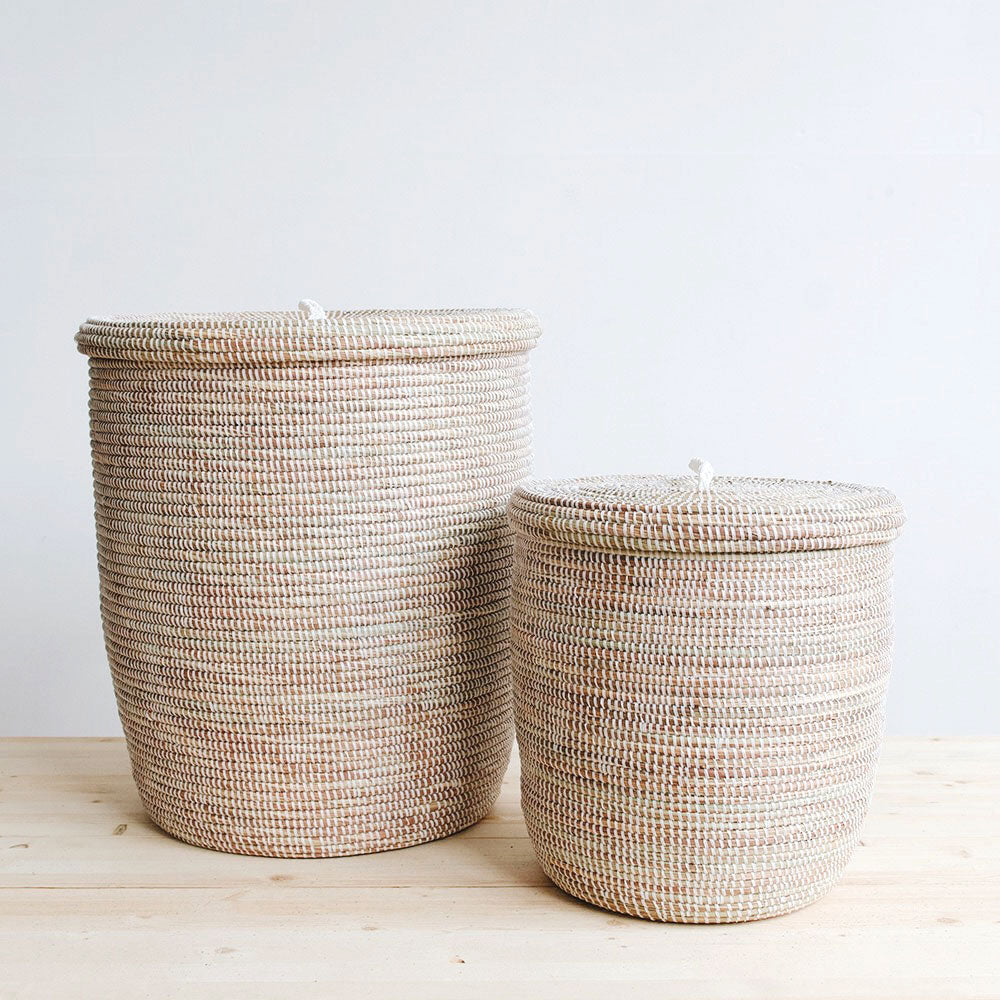 White Flat Lid Woven Storage Hamper Set - Foldable Laundry Basket for Bedroom, Bathroom & Closet Organization