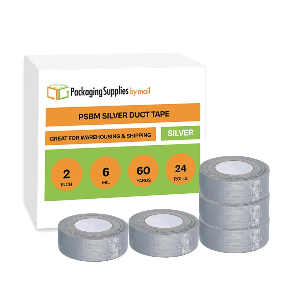 PSBM Silver Duct Tape, 2 Inch x 60 Yards, 24 Pack - Heavy Duty Adhesive for Repairing, Patching, Sealing HVAC, Pipes & Home DIY Projects - Ideal for Emergency Fixes & Crafting