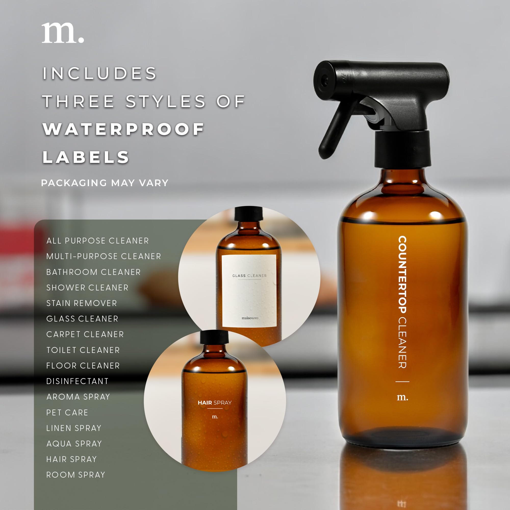 MAISONOVO 16.9oz Amber Glass Spray Bottles (2-Pack) with Labels - for DIY & Cleaning