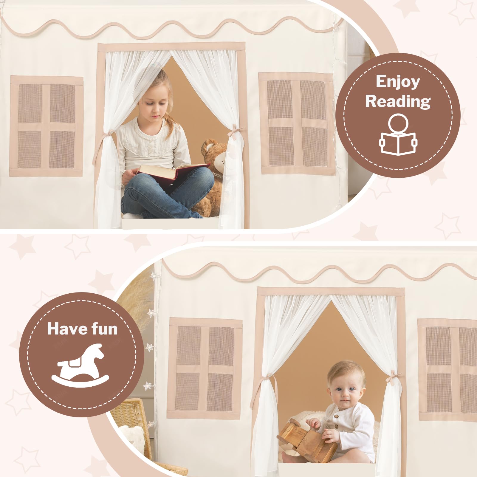 Kids Play Tent Indoor with Mat, Tassel Garland & Star Lights - Foldable Playhouse for Toddlers & Children | Perfect for Boys & Girls Birthday Gifts, Bedroom Decor, Reading Nook & Imaginative Play
