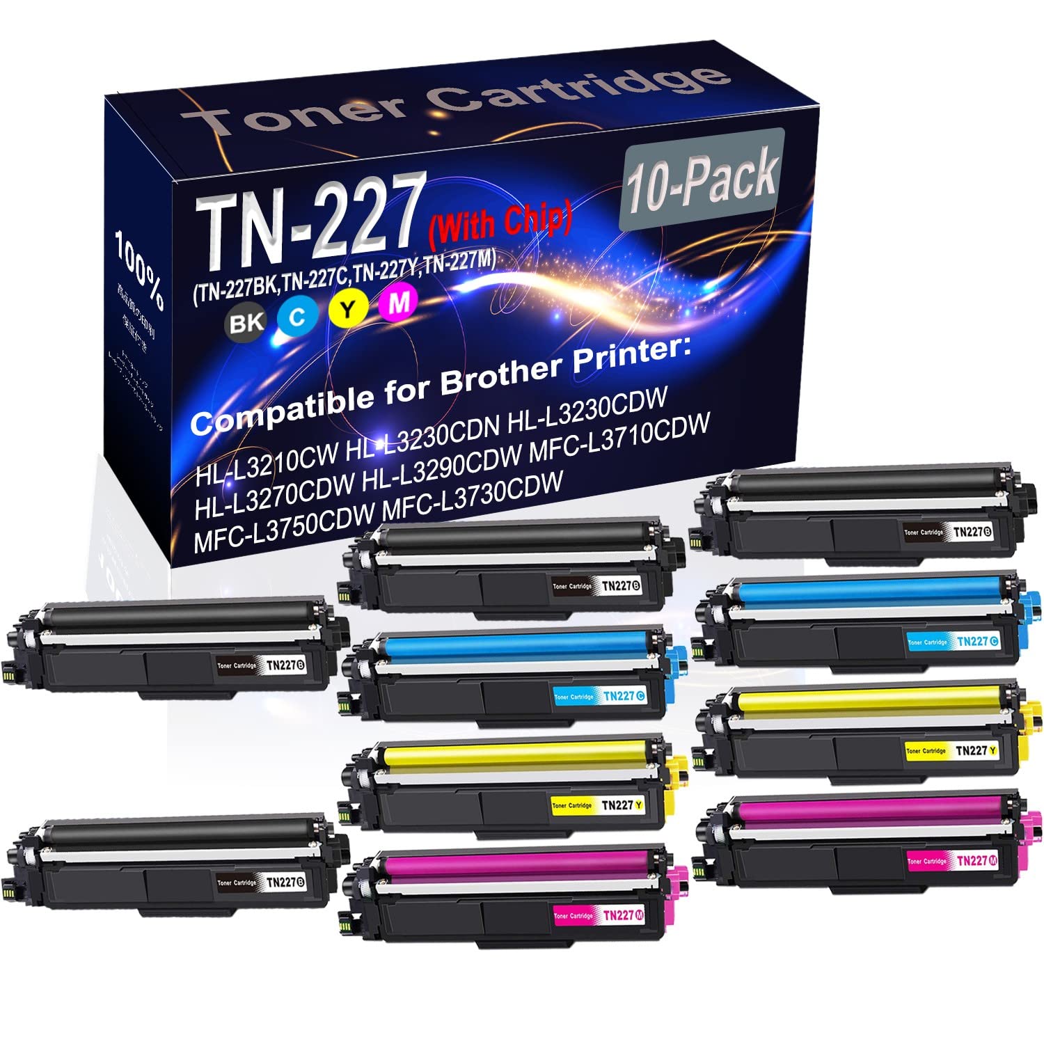 10-Pack (4BK+2C+2Y+2M) High Capacity Compatible HL-L3210CW Laser Printer Toner Cartridge with Chip - Replacement for Brother TN227/TN-227 Series (TN-227BK, TN-227C, TN-227Y, TN-227M) - Ideal for Office Printing & Home Business Use