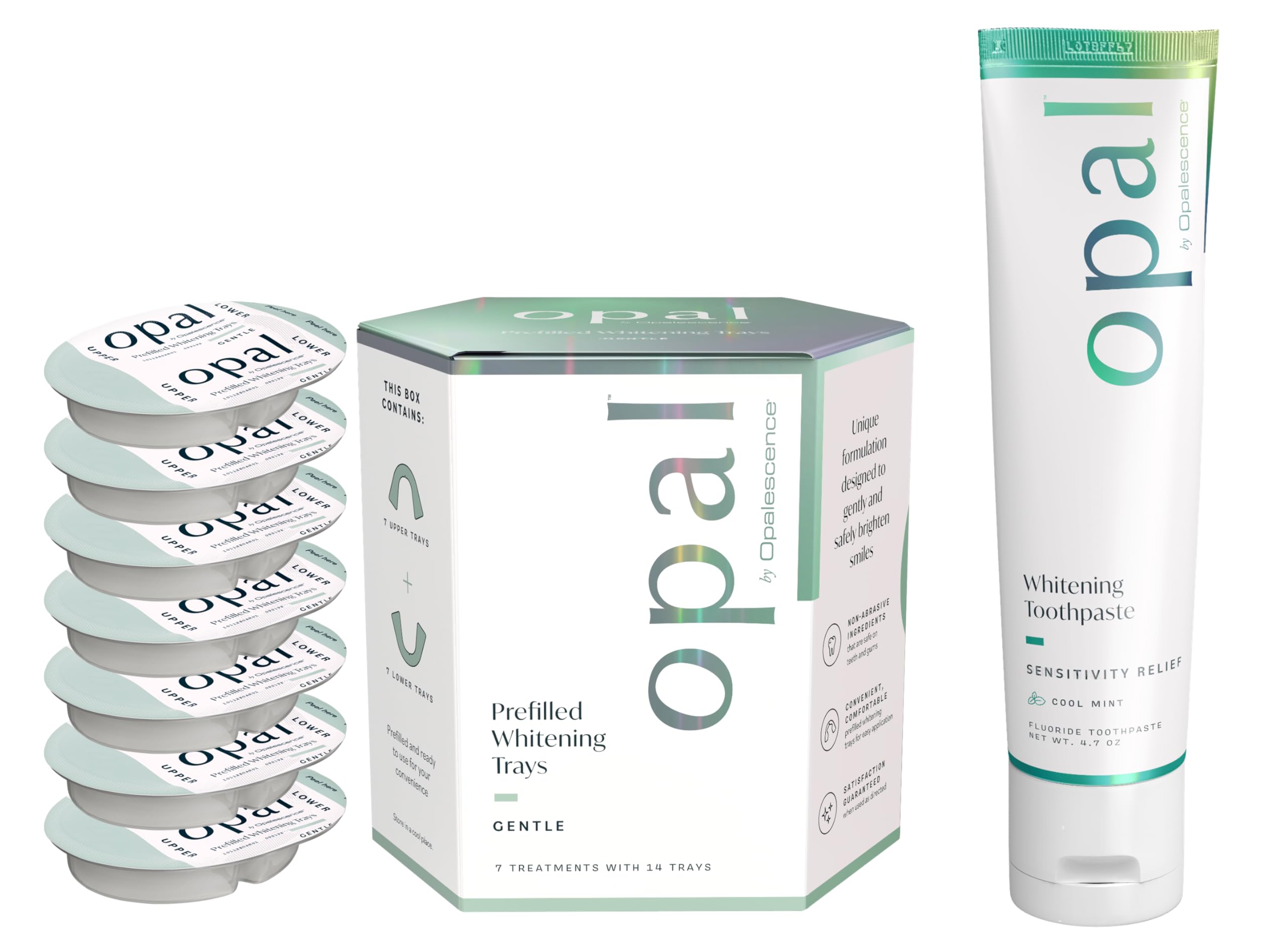 Opalescence Go Teeth Whitening Kit - 7 Prefilled Trays with Sensitivity Toothpaste (4.7oz) | Hydrogen Peroxide Formula | Cool Mint Flavor | Professional Whitening for Sensitive Teeth | At-Home & Travel Use | Made by Ultradent 5761-5526-1
