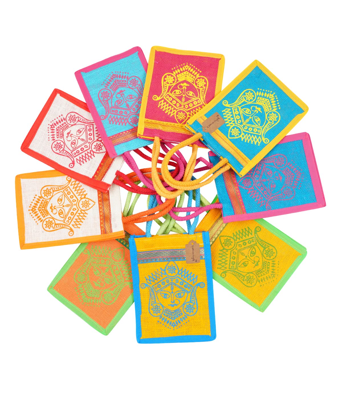Lakmo Crafts Eco-Friendly Jute Bags with Goddess Durga Print - 8x6x4 Inches Multicolor (Pack of 10) - Perfect for Varalakshmi Pooja, Navratri Return Gifts & Hindu Festival Souvenirs