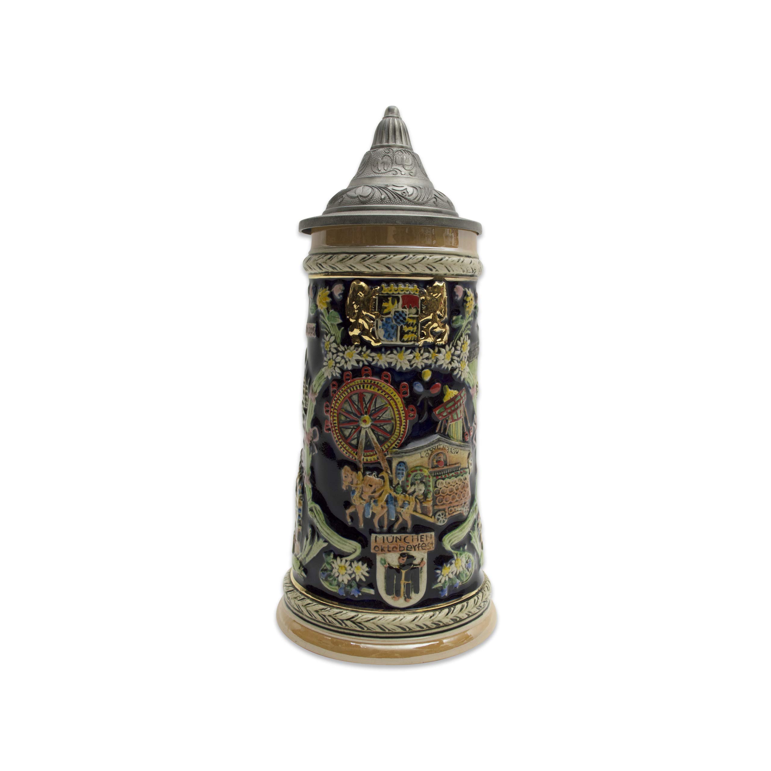 Authentic Hand-Painted Munich Oktoberfest Beer Stein with Metal Lid - 1 Liter Large German Beer Tankard Mug for Oktoberfest & Home Brewing - Perfect Gift for Beer Lovers & Collectors - Ideal for Oktoberfest Celebrations, Home Bars & Man Cave Decor