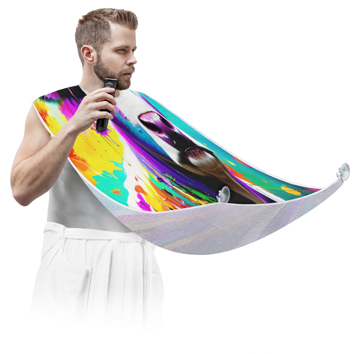 Colorful Cow Print Shaving Bib for Men & Women - Waterproof Beard Trimming Apron, Hair Dye Cape, Barber Accessory - Perfect for Home Grooming, Salon Use & DIY Haircuts