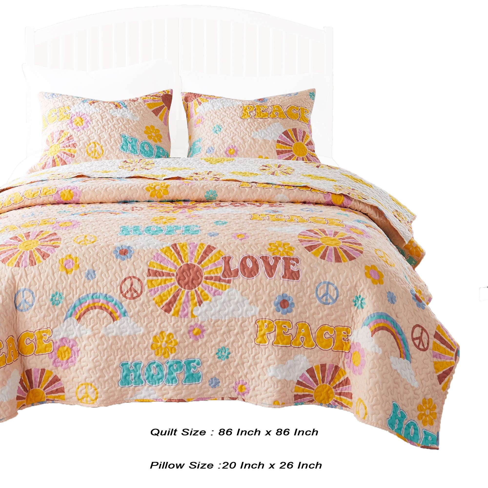 Benjara Berlin 3-Piece Microfiber Queen Quilt Set - Rainbow & Cloud Design in Beige | Soft Bedding for Cozy Bedrooms & Guest Rooms