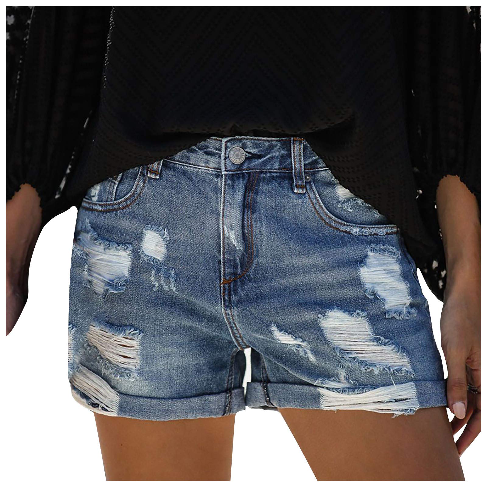Women's Mid Rise Stretchy Frayed Denim Shorts - Distressed Cutoff Jean Shorts with Rolled Hem for Summer | Casual Hot Shorts for Beach, Vacation & Everyday Wear