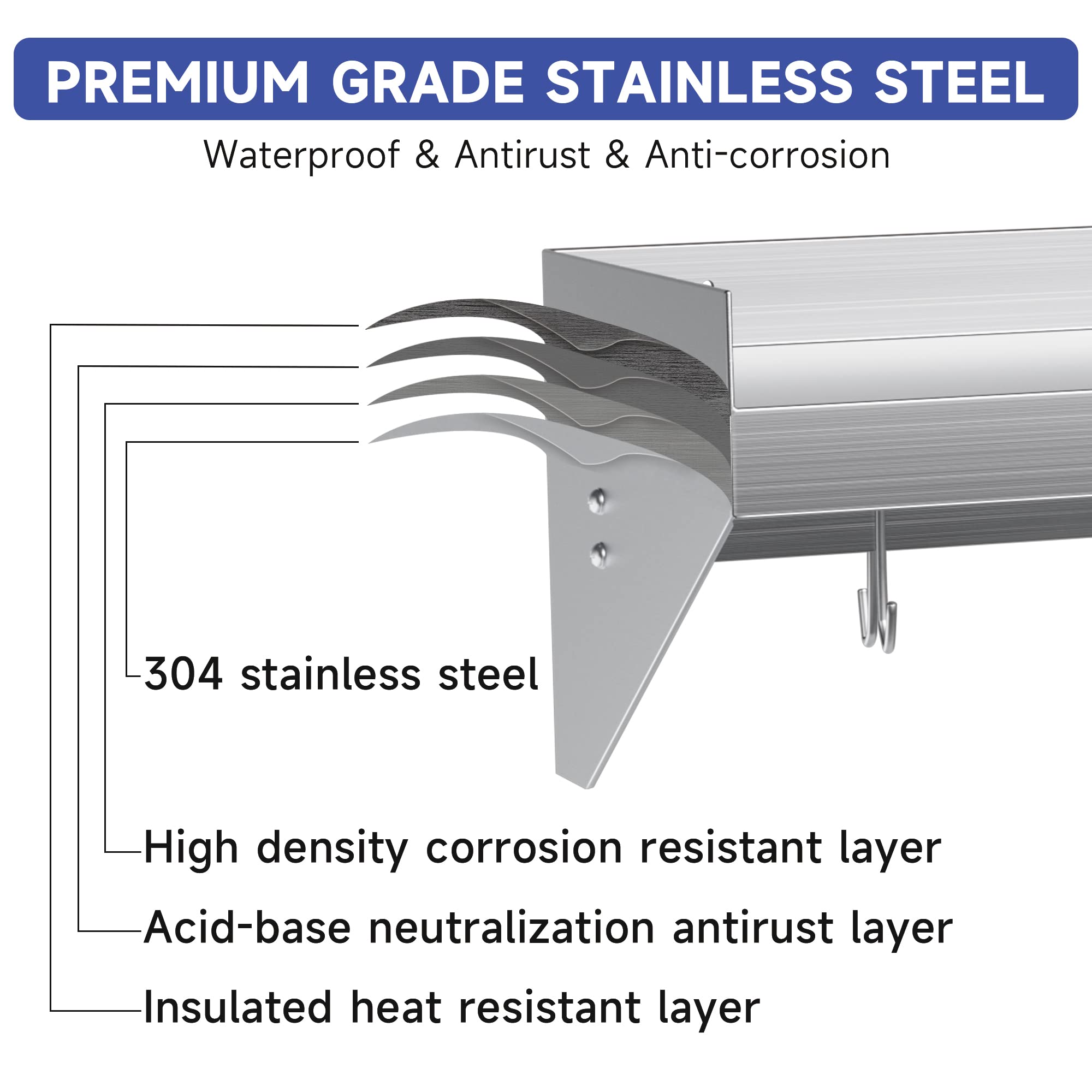 Stainless Steel Wall Shelf 36x14 Inch - Heavy Duty Metal Floating Shelf with 5 Hooks for Kitchen, Bathroom, Laundry Room - Wall Mounted Storage Rack for Pots, Spices, Towels - Perfect for Home, Restaurant, Bar & Food Truck Organization