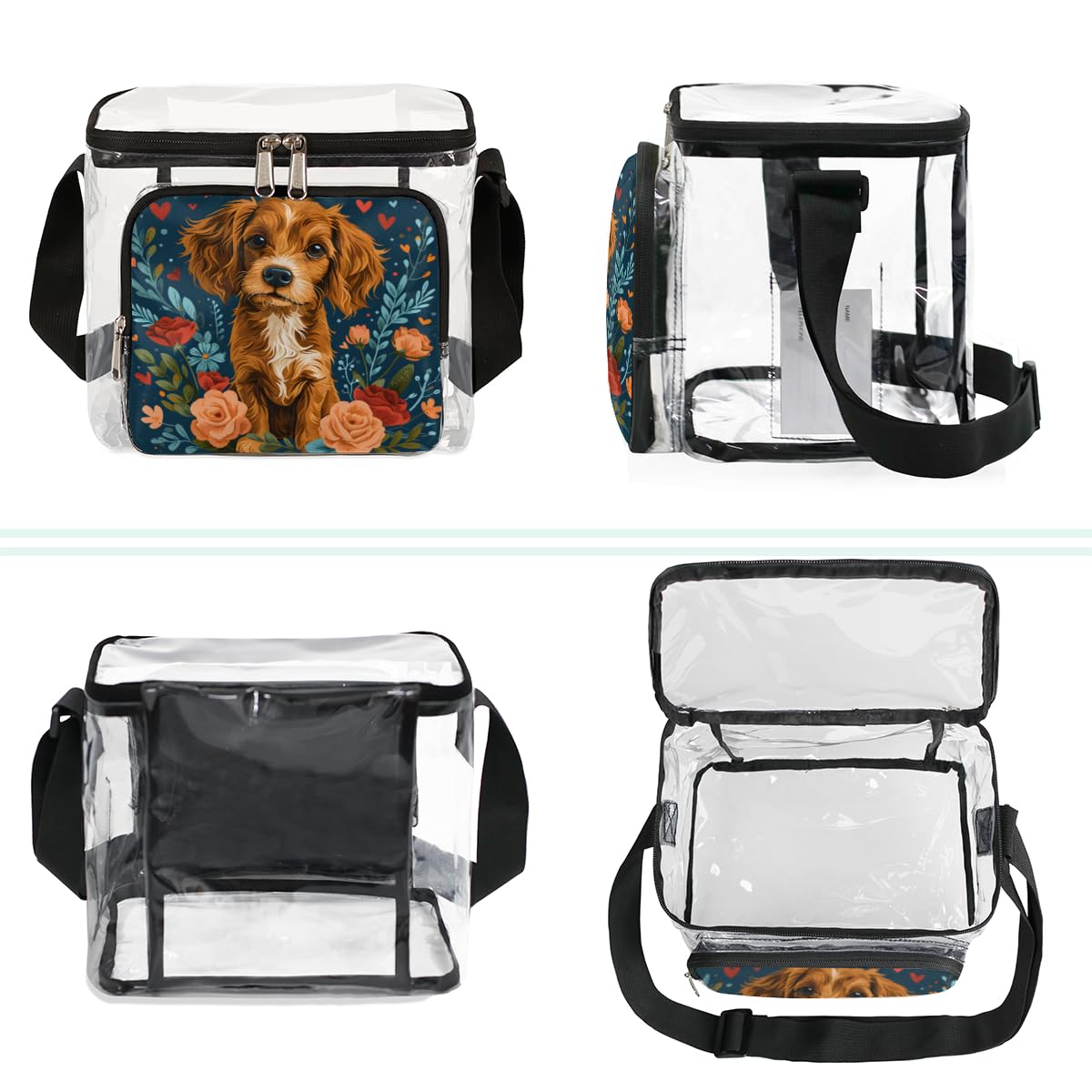 Valentine's Day Clear Tote Bag with Handles - Transparent Crossbody Shoulder Bag for Dog Lovers | Perfect for Lunch, Outdoor Travel, Picnic, Concerts & Sports Events | Stadium Approved Multi-Purpose Purse