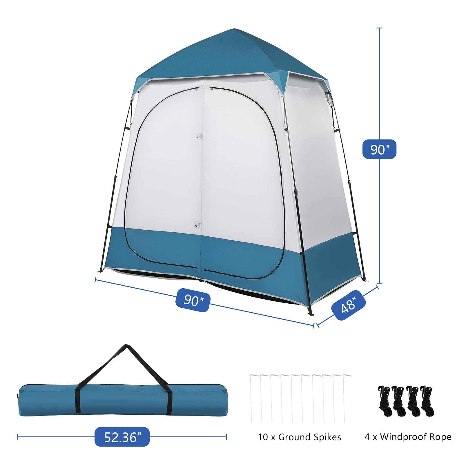 Outvita Oversized 2-Room Shower Tent - 7.5 FT Tall Pop Up Changing Room for Camping, Instant Extra Wide Privacy Shelter with Carry Bag (Blue & White) - Perfect for Outdoor Showers, Beach Changing & Camping Toilet