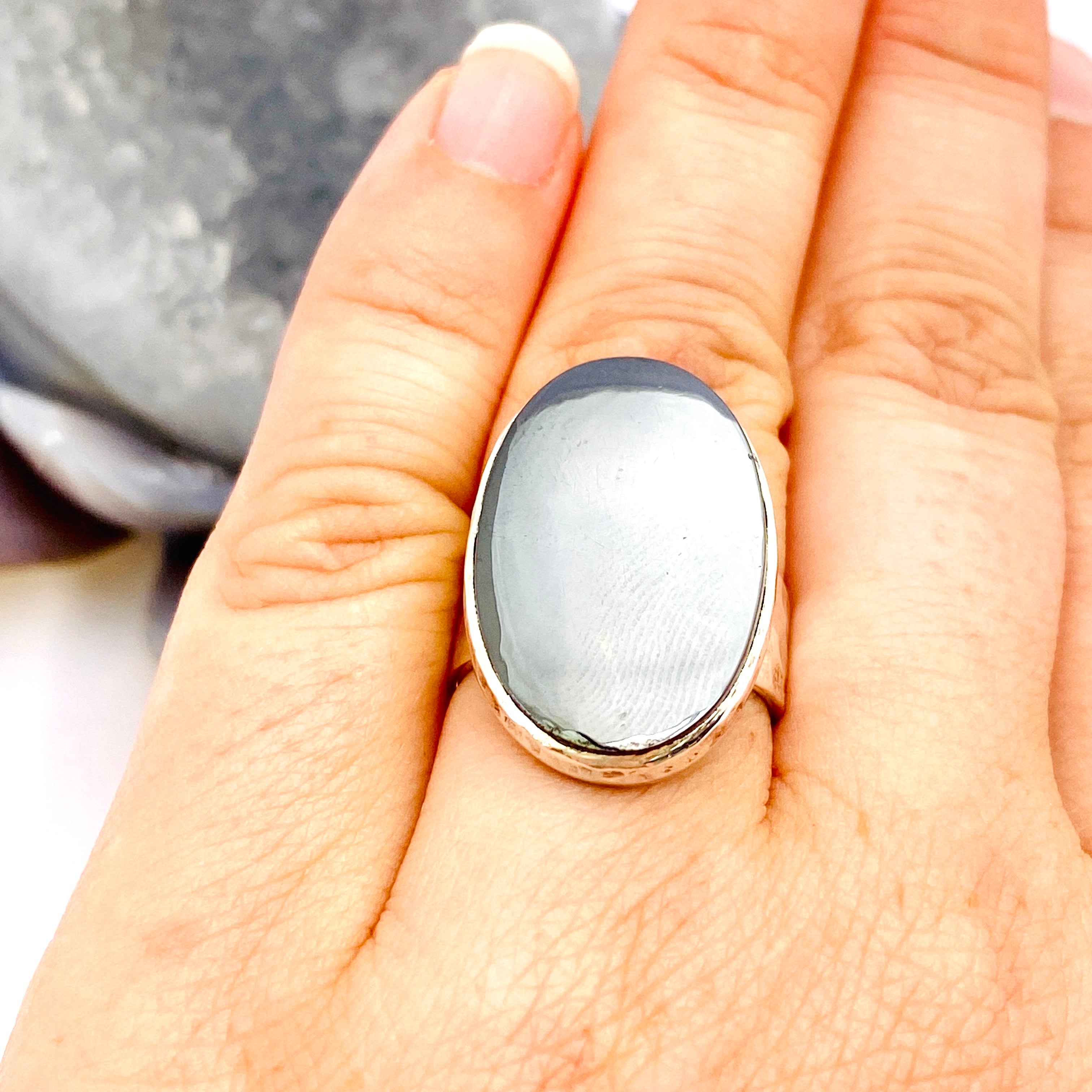 Natural Hematite Oval Cabochon Ring with Handmade Beaten Band - Size 6.5 (KRGJ1687) | Elegant Boho Jewelry for Women, Perfect for Everyday Wear & Gift Giving