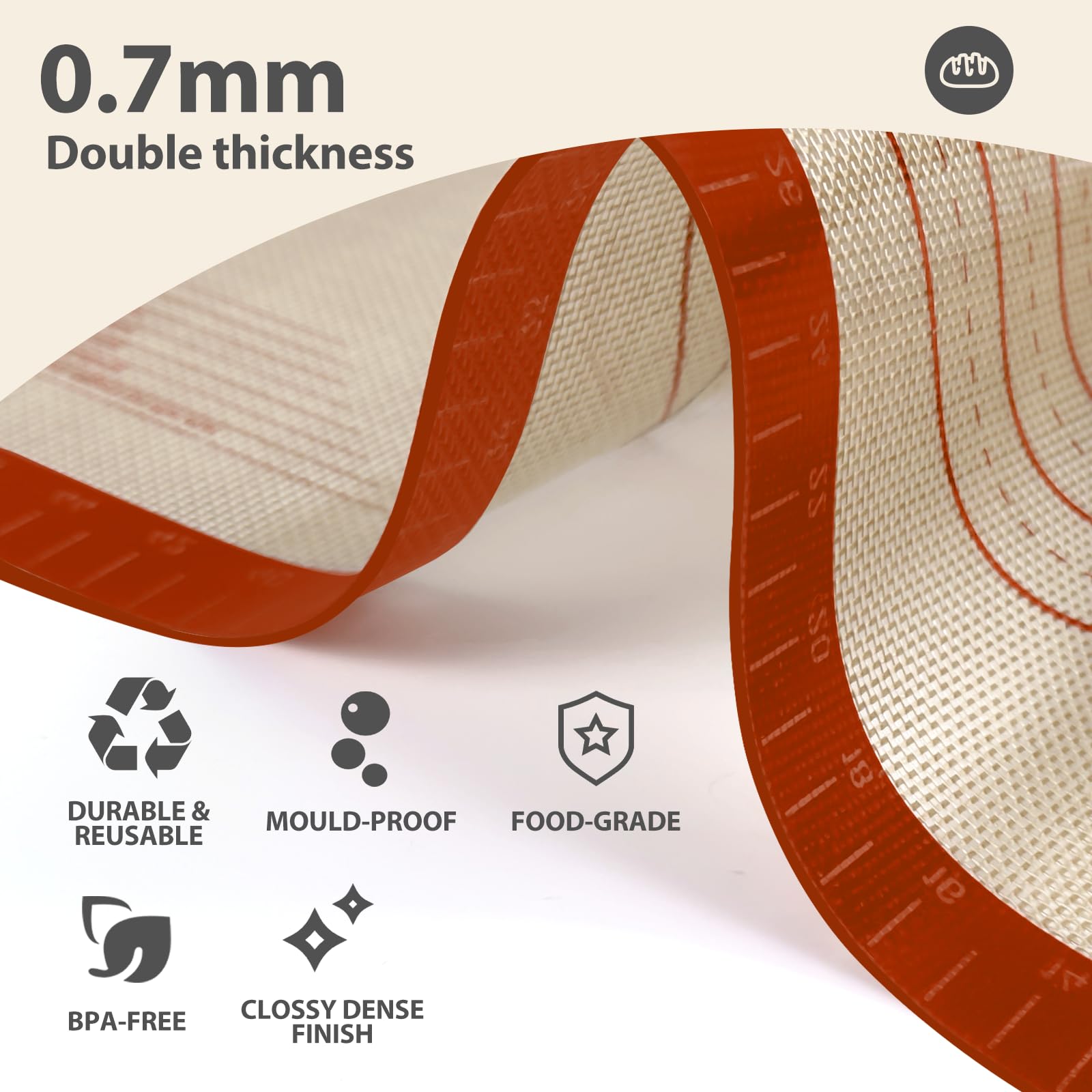 Premium Silicone Baking Mat - 0.7mm Extra Thick Non-Stick Pastry Dough Sheet (24