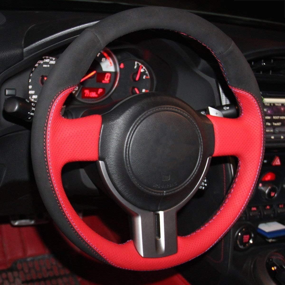 Premium Black Suede & Red Genuine Leather Steering Wheel Cover for 2013-2016 Scion FR-S, Subaru BRZ, Toyota 86 - Custom Fit, Anti-Slip Grip, Enhanced Driving Comfort for Sports Cars