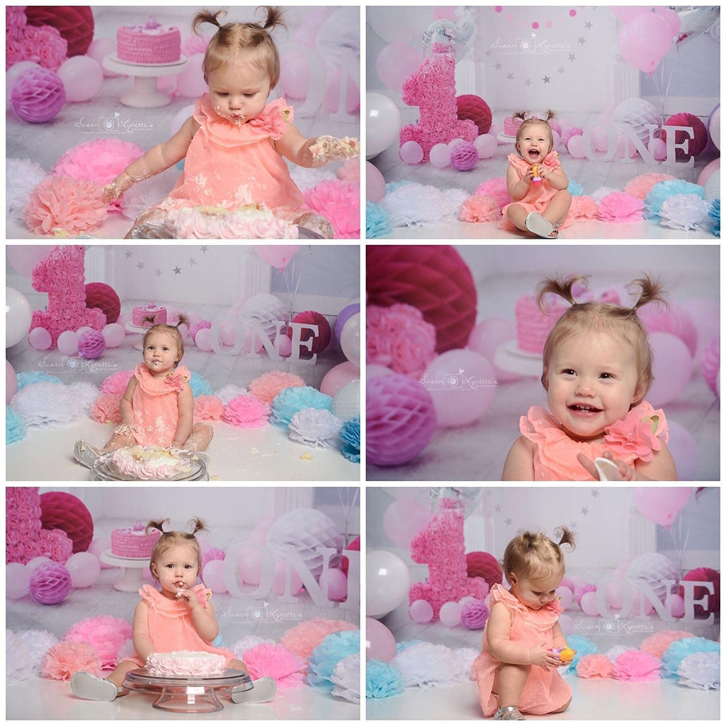 Leowefowa 7x5ft Pink Balloons & Paper Flowers Backdrop for Baby Girl's 1st Birthday Party - Photography Background, Cake Smash Photo Studio Props - Perfect for First Year Celebrations, Birthday Decorations & Photo Shoots