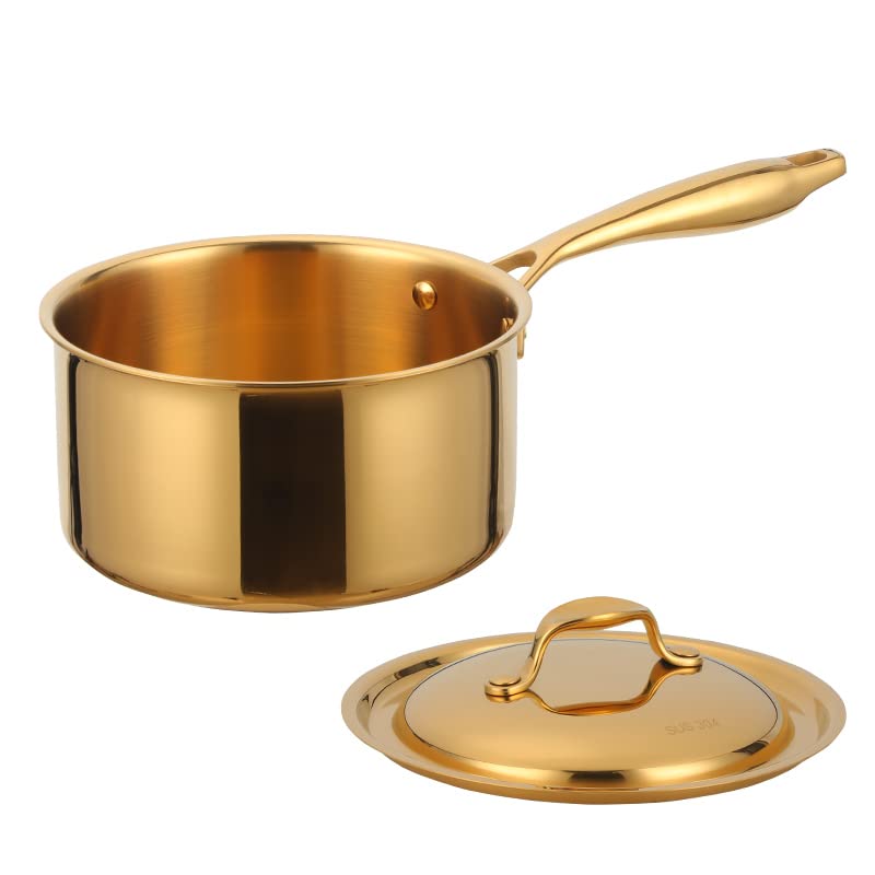 Premium 18/8 Stainless Steel 3-Ply Bonded Saucepan - 2.5 Quart (18cm) Gold Cookware with Heat-Resistant Handle | Dishwasher Safe & Oven Safe | Ideal for Sauces, Soups & Simmering | All-Clad Style Cookware Set for Professional & Home Kitchens