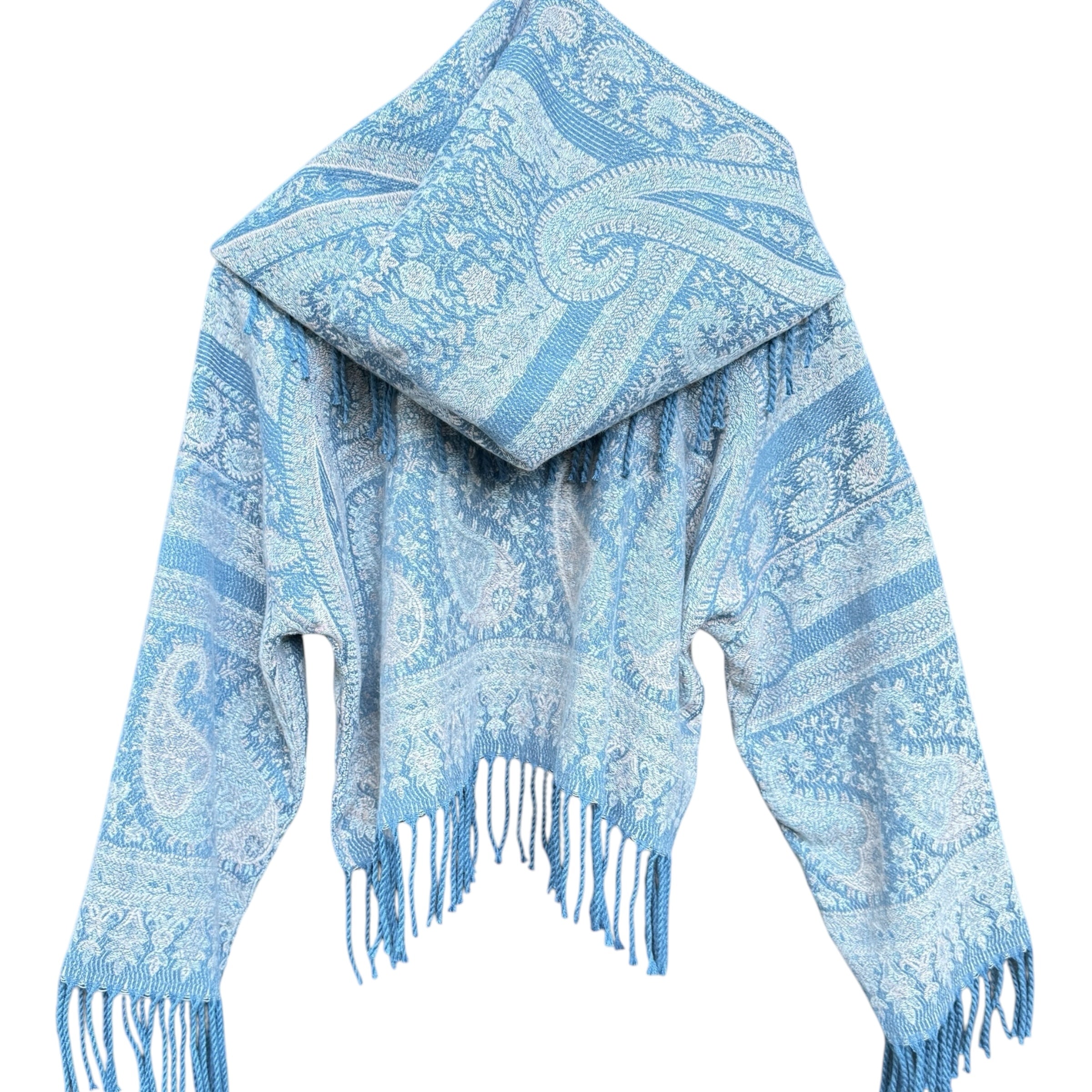 Soft Plush Pashmina Long Sleeve Crop Top - Blue Snowflake Print | Cozy Winter Fashion for Casual Outings & Holiday Parties