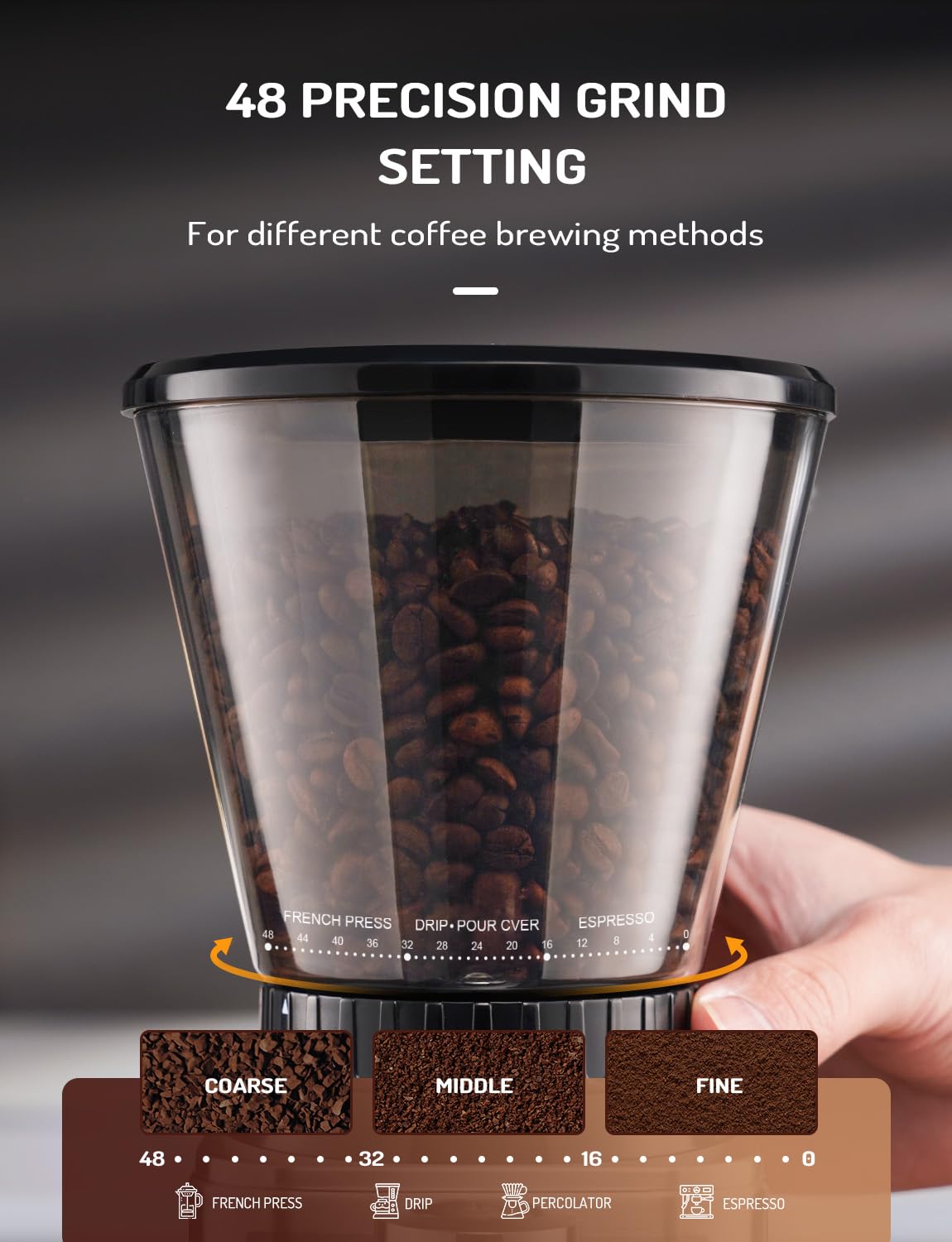 Premium Electric Conical Burr Coffee Grinder - 48 Precise Grind Settings for Espresso, Drip & French Press - Anti-Static Stainless Steel Design - Perfect for Home Baristas & Coffee Enthusiasts - Ideal for Morning Brews, Office Use & Entertaining Guests